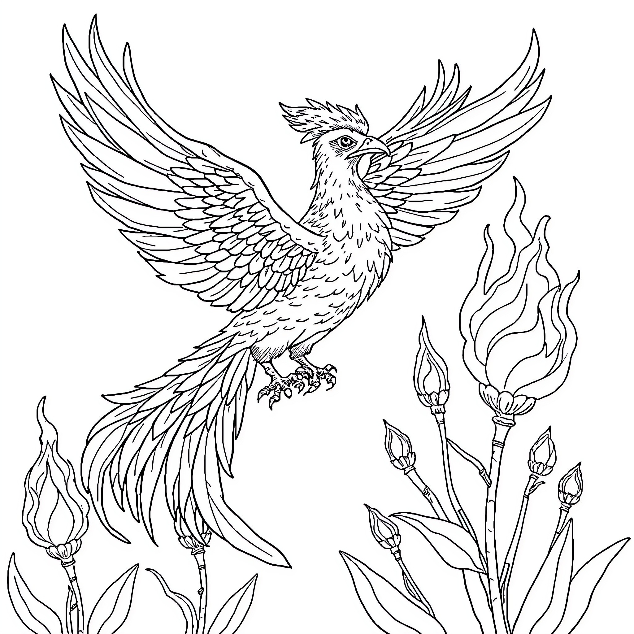 Phoenix rising from the flames with lush foliage Coloring Page (free black-and-white line drawing printable PDF for all, from beginners to advanced learners, including children, teens, adults, and seniors)