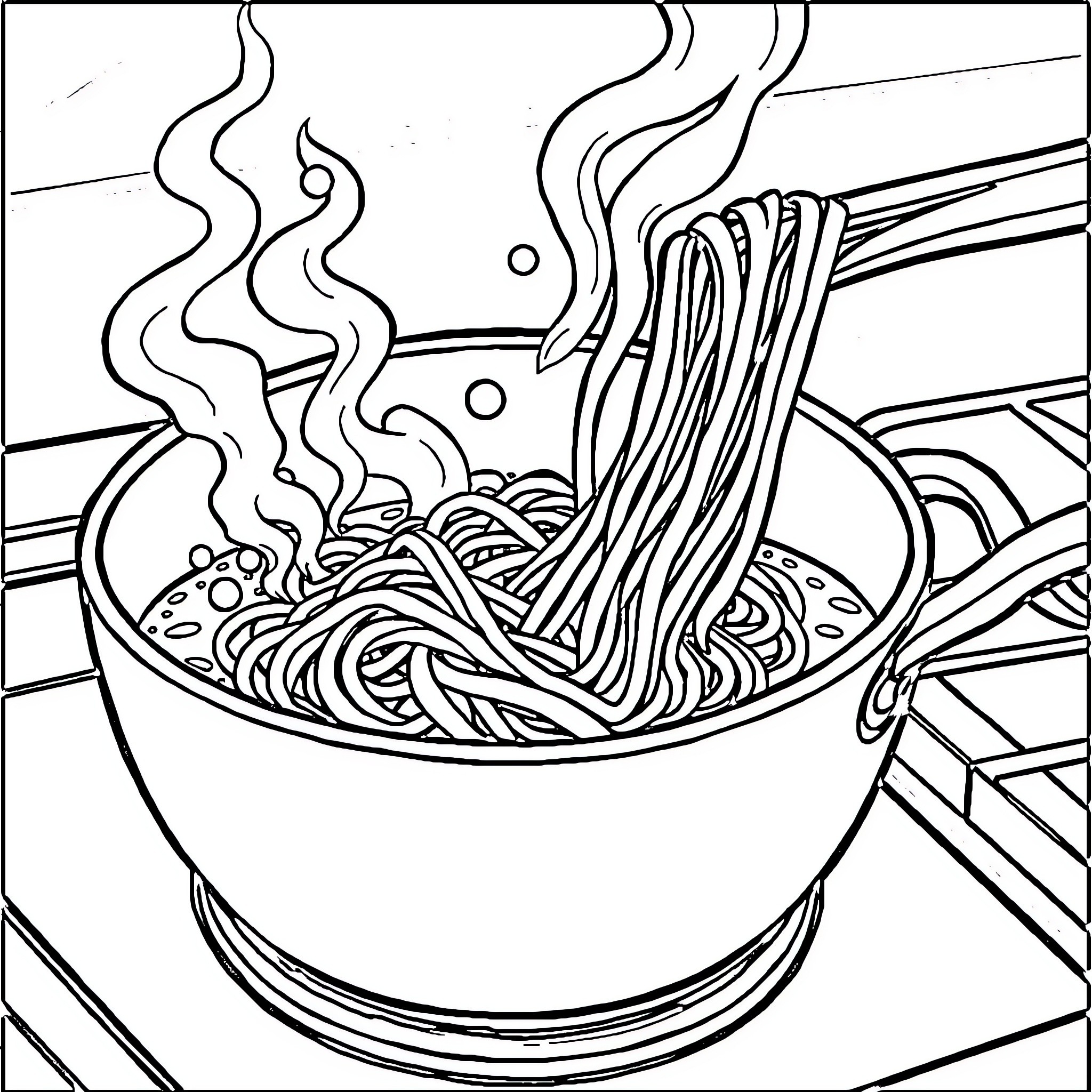 Pasta Dish with Steaming Noodles Coloring Page (free black-and-white line drawing printable PDF for all, from beginners to advanced learners, including children, teens, adults, and seniors)
