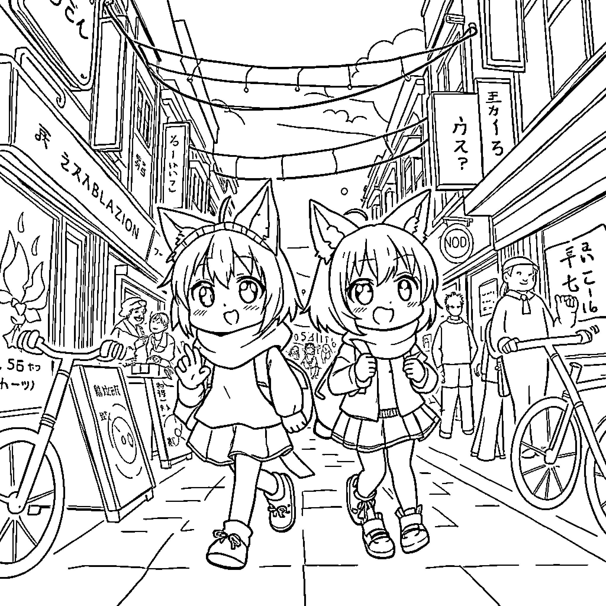 Chat in Anime-Inspired City Street Scene Coloring Page (free black-and-white line drawing printable PDF for all, from beginners to advanced learners, including children, teens, adults, and seniors)