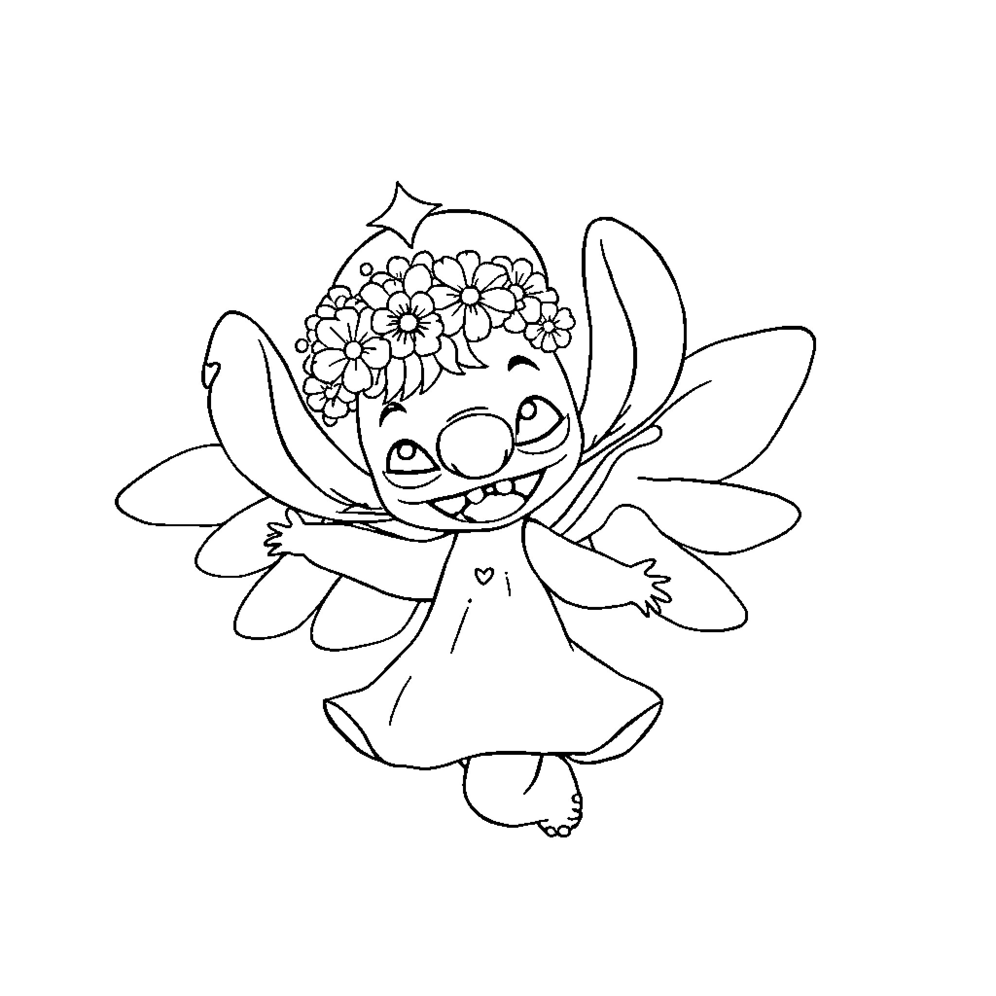 Angel Flower Fairy with Cheerful Expression Coloring Page (free black-and-white line drawing printable PDF for all, from beginners to advanced learners, including children, teens, adults, and seniors)