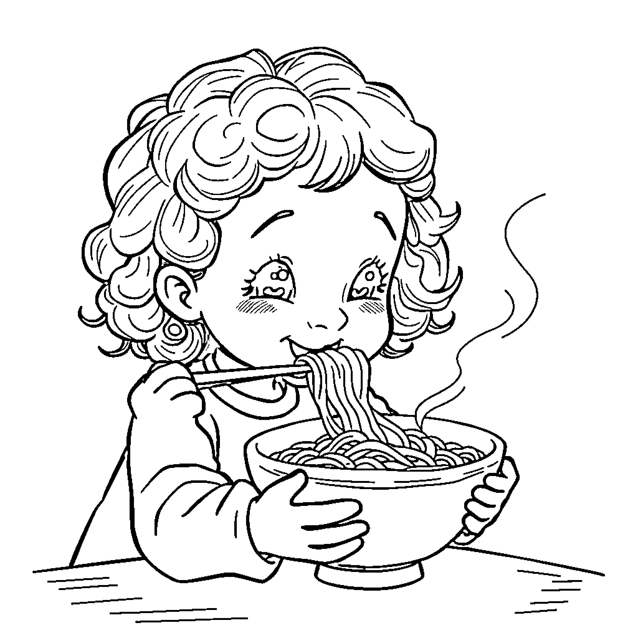 Girl Eating Noodles Happily Coloring Page (free black-and-white line drawing printable PDF for all, from beginners to advanced learners, including children, teens, adults, and seniors)