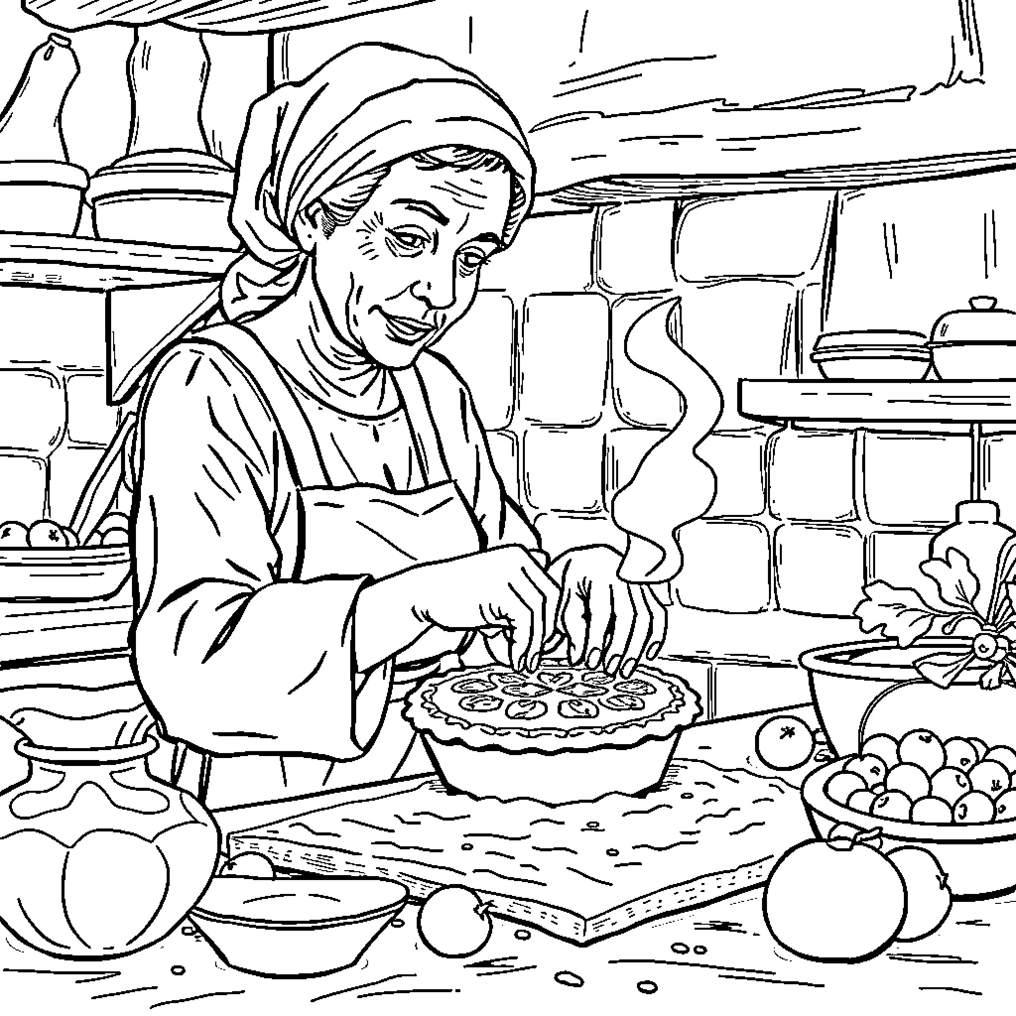 Grandmother baking delicious treats in her cozy kitchen Coloring Page (free black-and-white line drawing printable PDF for all, from beginners to advanced learners, including children, teens, adults, and seniors)