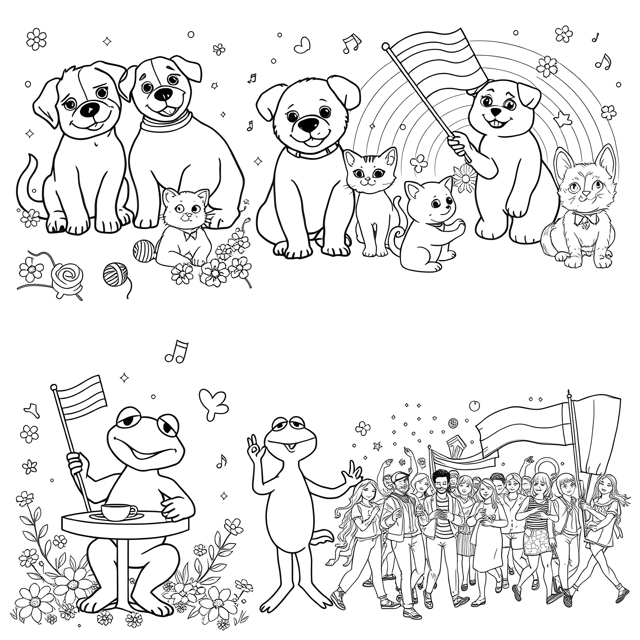 Pride Parade of Adorable Pets and Vibrant Celebration Coloring Page (free black-and-white line drawing printable PDF for all, from beginners to advanced learners, including children, teens, adults, and seniors)