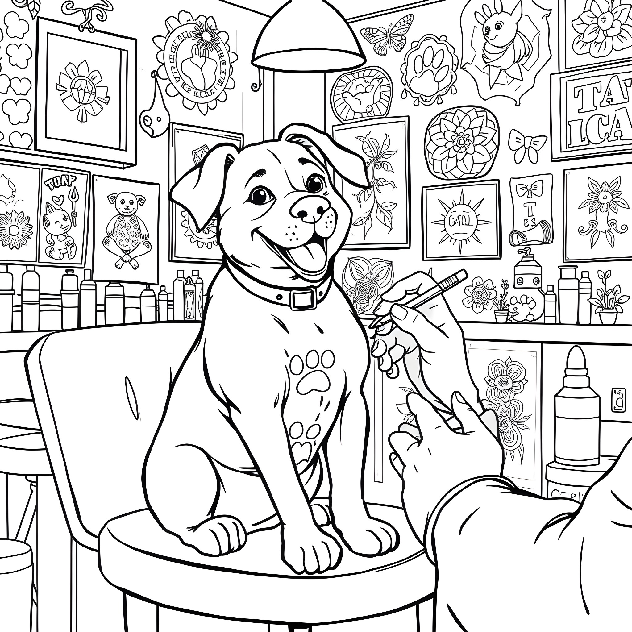 Dog Sitting Happily in a Cozy Pet Grooming Shop Coloring Page (free black-and-white line drawing printable PDF for all, from beginners to advanced learners, including children, teens, adults, and seniors)