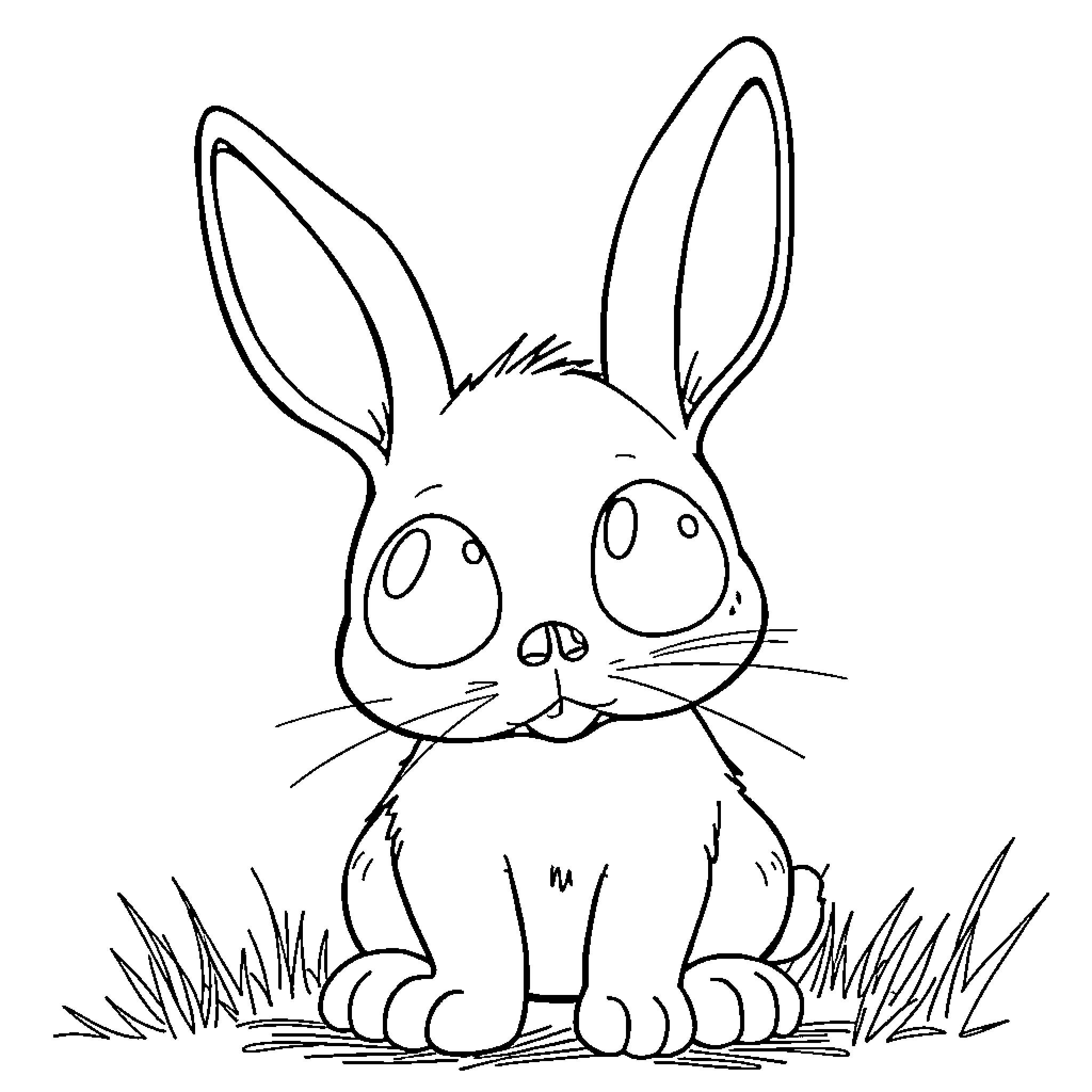 Bunny sitting in the grass with big eyes Coloring Page (free black-and-white line drawing printable PDF for all, from beginners to advanced learners, including children, teens, adults, and seniors)