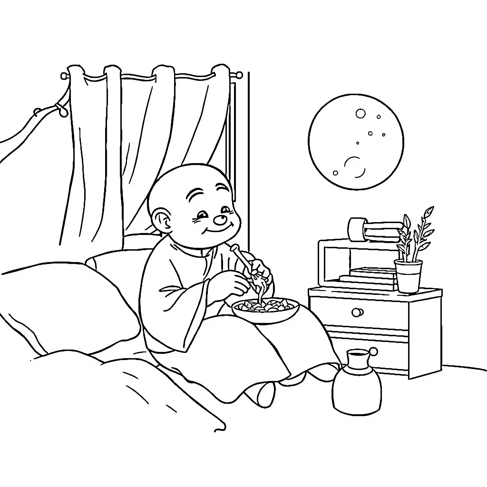 Tung Tung Tung Cozy Meal in Bed Coloring Page (free black-and-white line drawing printable PDF for all, from beginners to advanced learners, including children, teens, adults, and seniors)