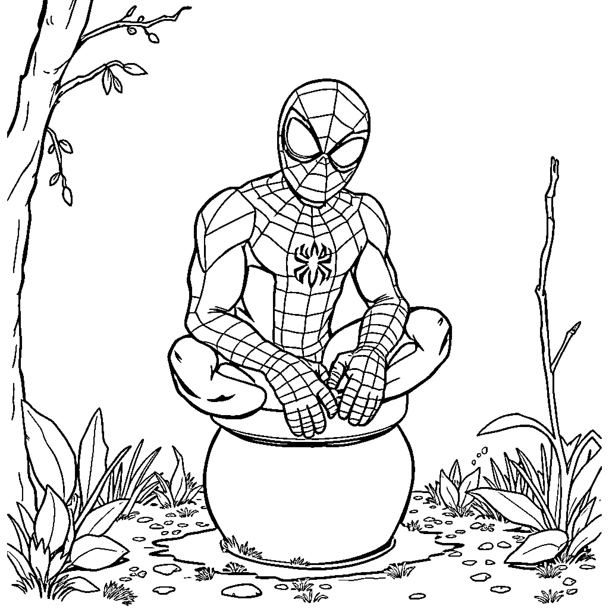 Spiderman sitting in a forest scene Coloring Page (free black-and-white line drawing printable PDF for all, from beginners to advanced learners, including children, teens, adults, and seniors)