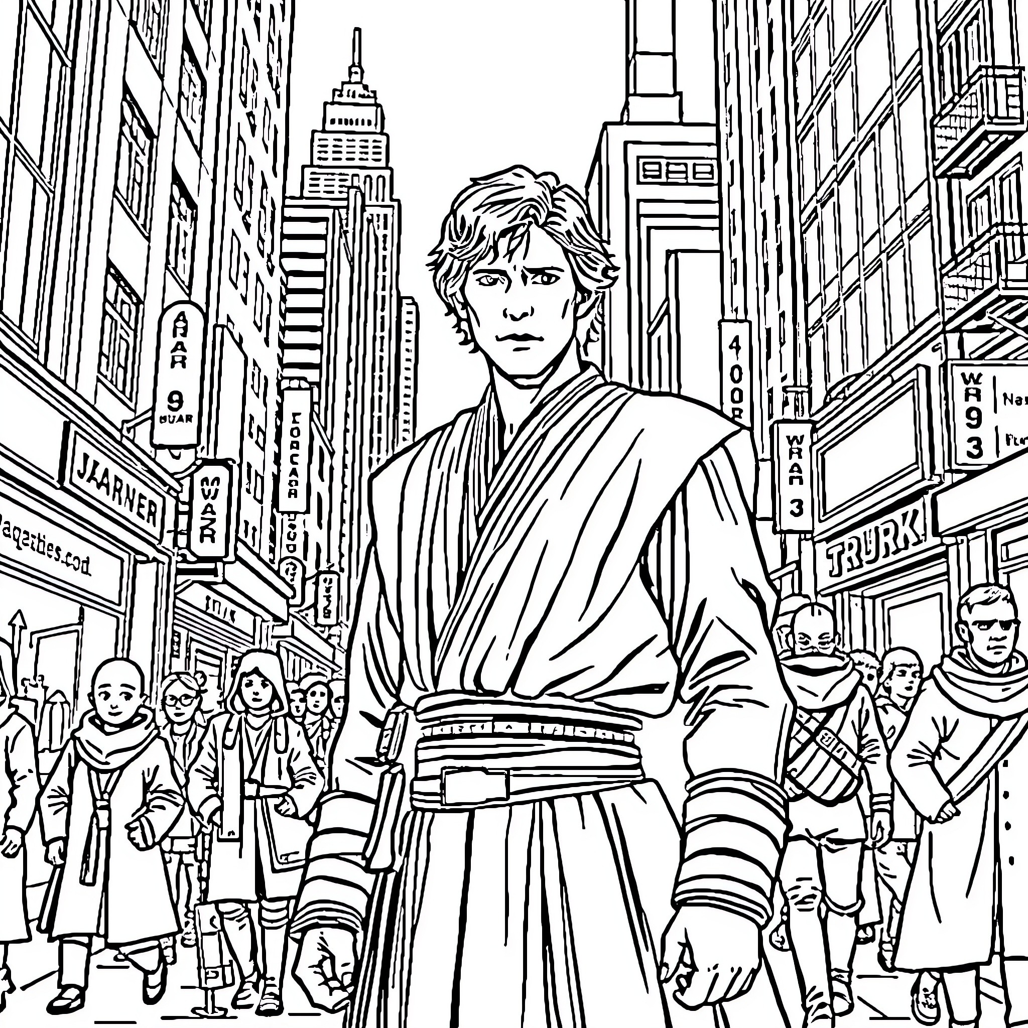 Anakin Skywalker in a bustling cityscape Coloring Page (free black-and-white line drawing printable PDF for all, from beginners to advanced learners, including children, teens, adults, and seniors)