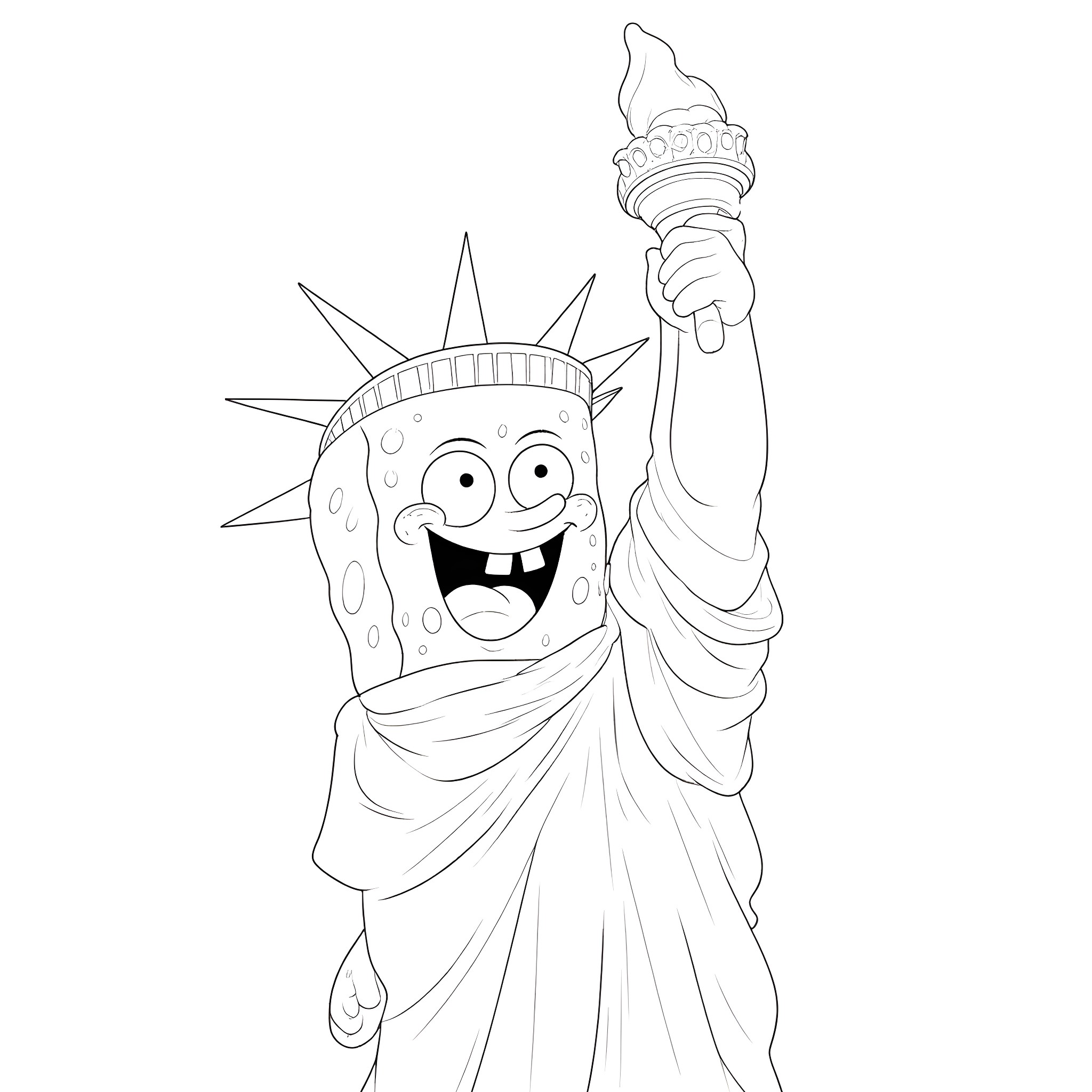 Spongebob's Statue of Liberty Impression Coloring Page (free black-and-white line drawing printable PDF for all, from beginners to advanced learners, including children, teens, adults, and seniors)