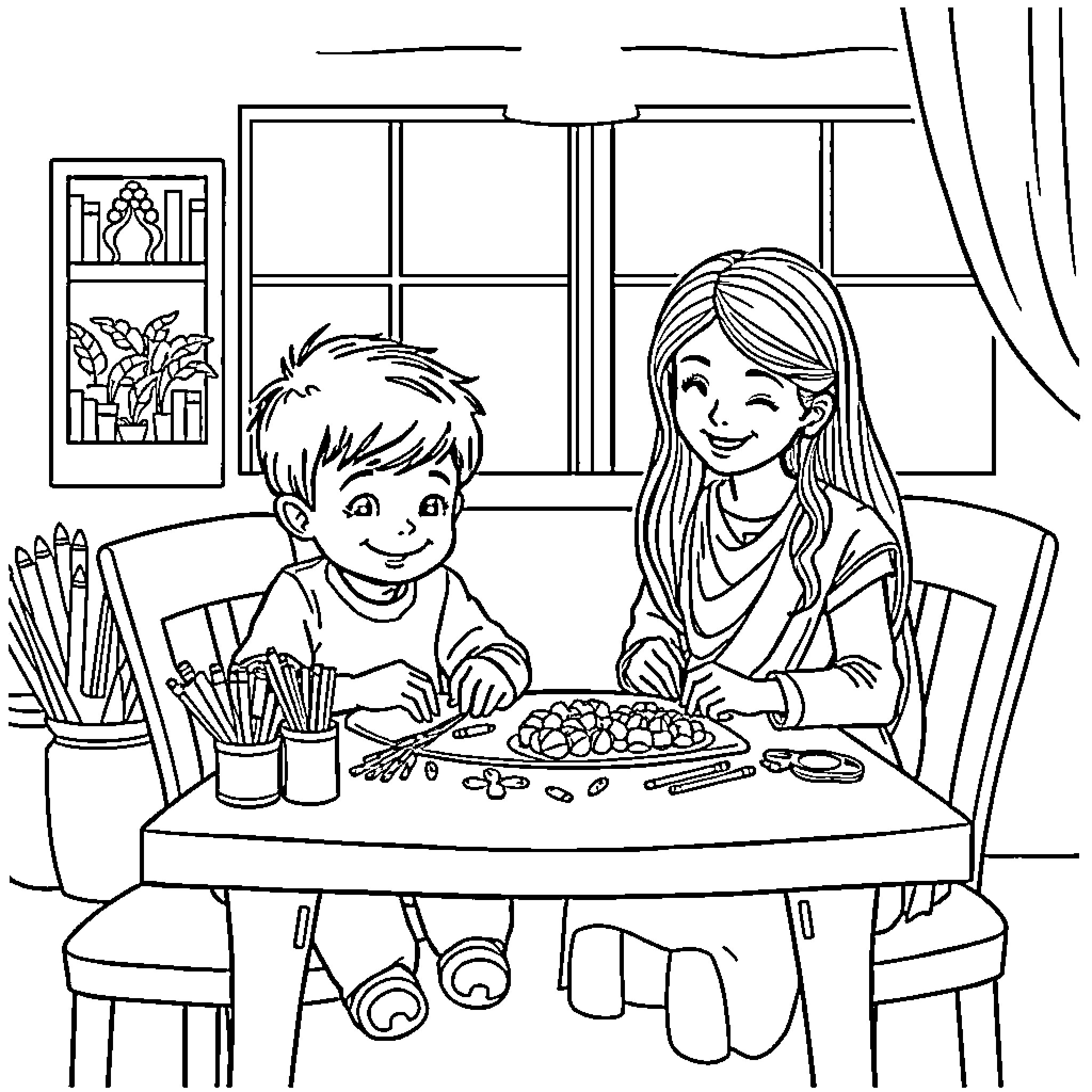 Sibling Sharing Art Supplies and Crafting Together Coloring Page (free black-and-white line drawing printable PDF for all, from beginners to advanced learners, including children, teens, adults, and seniors)