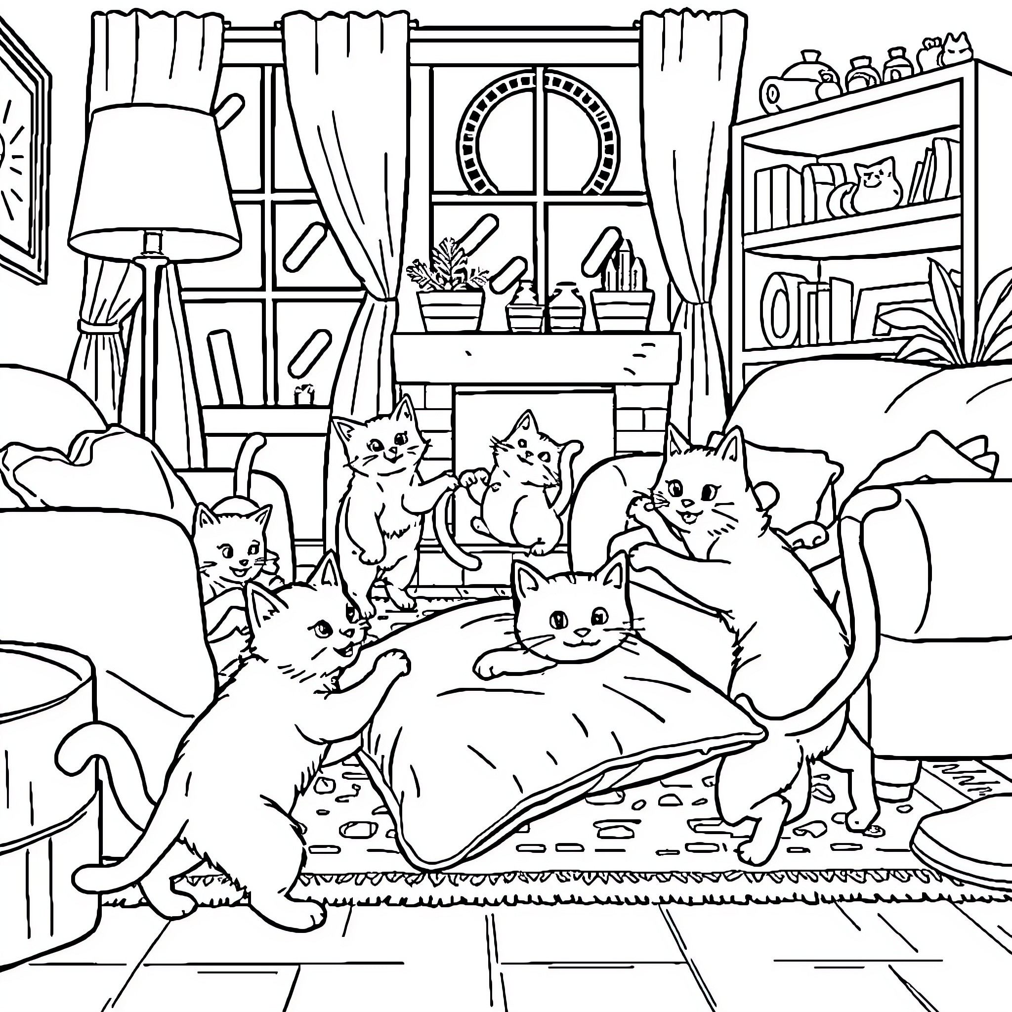 Cat Cozy Nap with Playful Felines Coloring Page (free black-and-white line drawing printable PDF for all, from beginners to advanced learners, including children, teens, adults, and seniors)