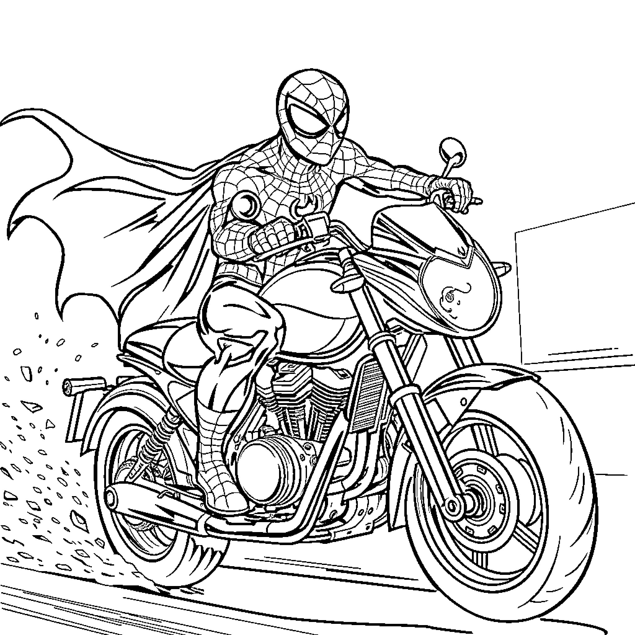 Spiderman riding a motorcycle with action and speed Coloring Page (free black-and-white line drawing printable PDF for all, from beginners to advanced learners, including children, teens, adults, and seniors)