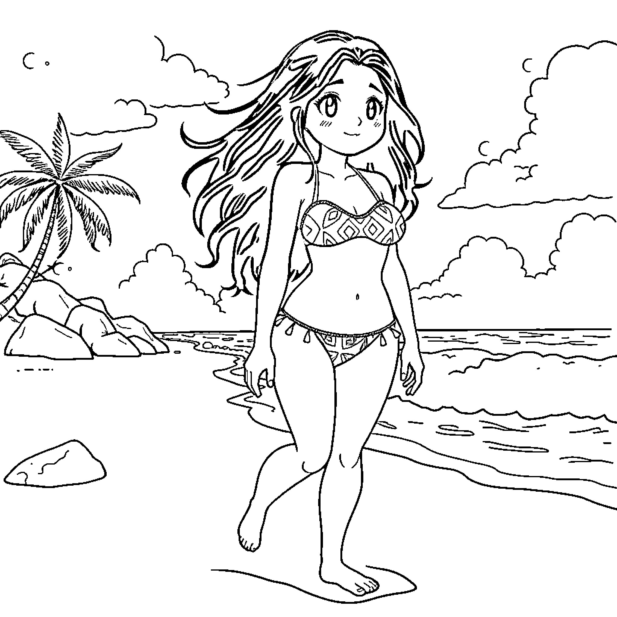 Nezuko enjoying the beach scenery Coloring Page (free black-and-white line drawing printable PDF for all, from beginners to advanced learners, including children, teens, adults, and seniors)