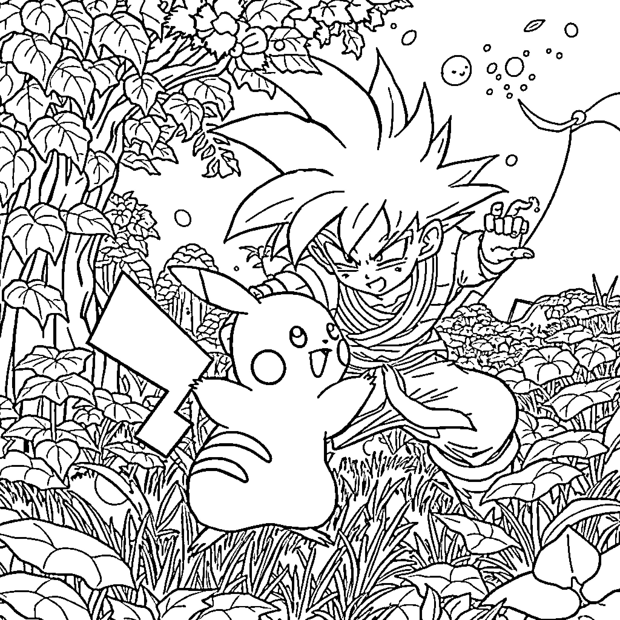 Pikachu and Goku playing in the forest Coloring Page (free black-and-white line drawing printable PDF for all, from beginners to advanced learners, including children, teens, adults, and seniors)