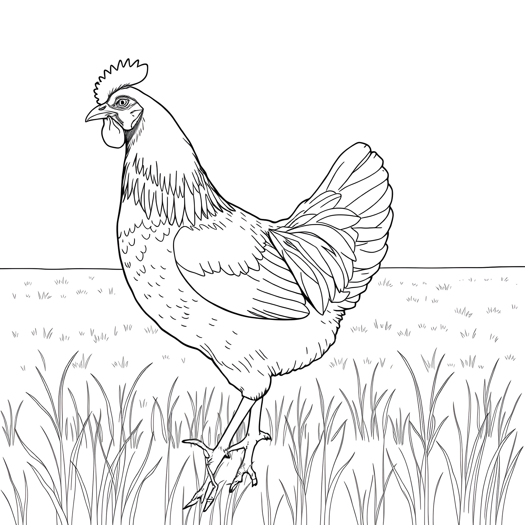 Hen standing tall in a grassy field Coloring Page (free black-and-white line drawing printable PDF for all, from beginners to advanced learners, including children, teens, adults, and seniors)
