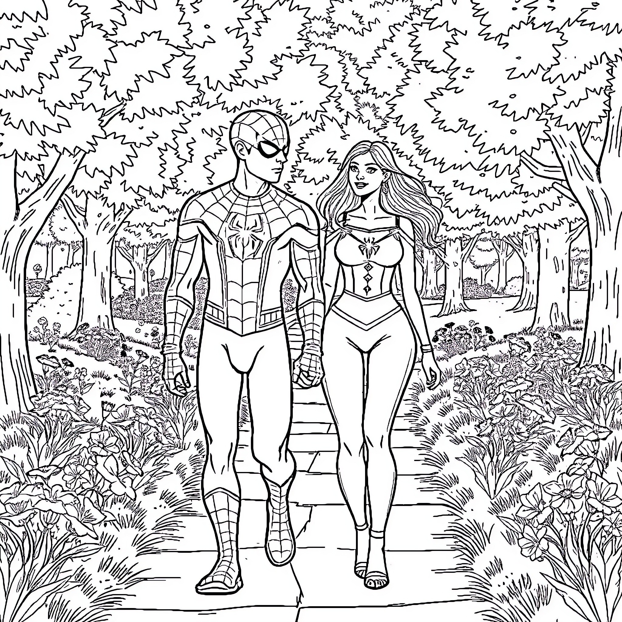 Spiderman and heroine adventure in the forest Coloring Page (free black-and-white line drawing printable PDF for all, from beginners to advanced learners, including children, teens, adults, and seniors)