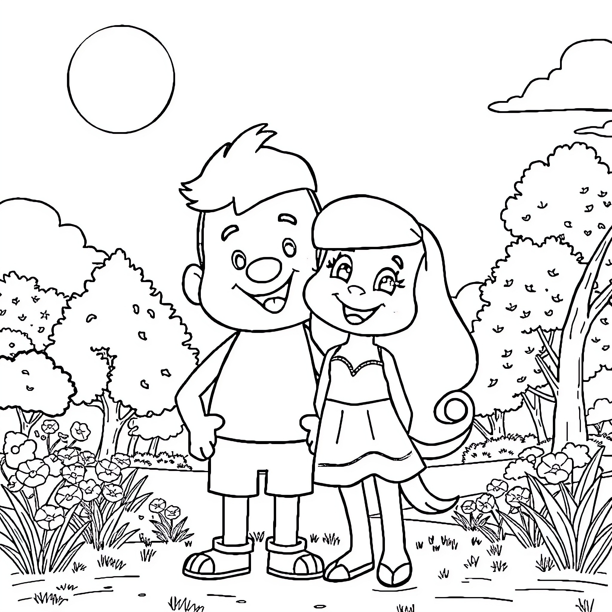 Dipper and Pacifica enjoying a sunny day outdoors Coloring Page (free black-and-white line drawing printable PDF for all, from beginners to advanced learners, including children, teens, adults, and seniors)