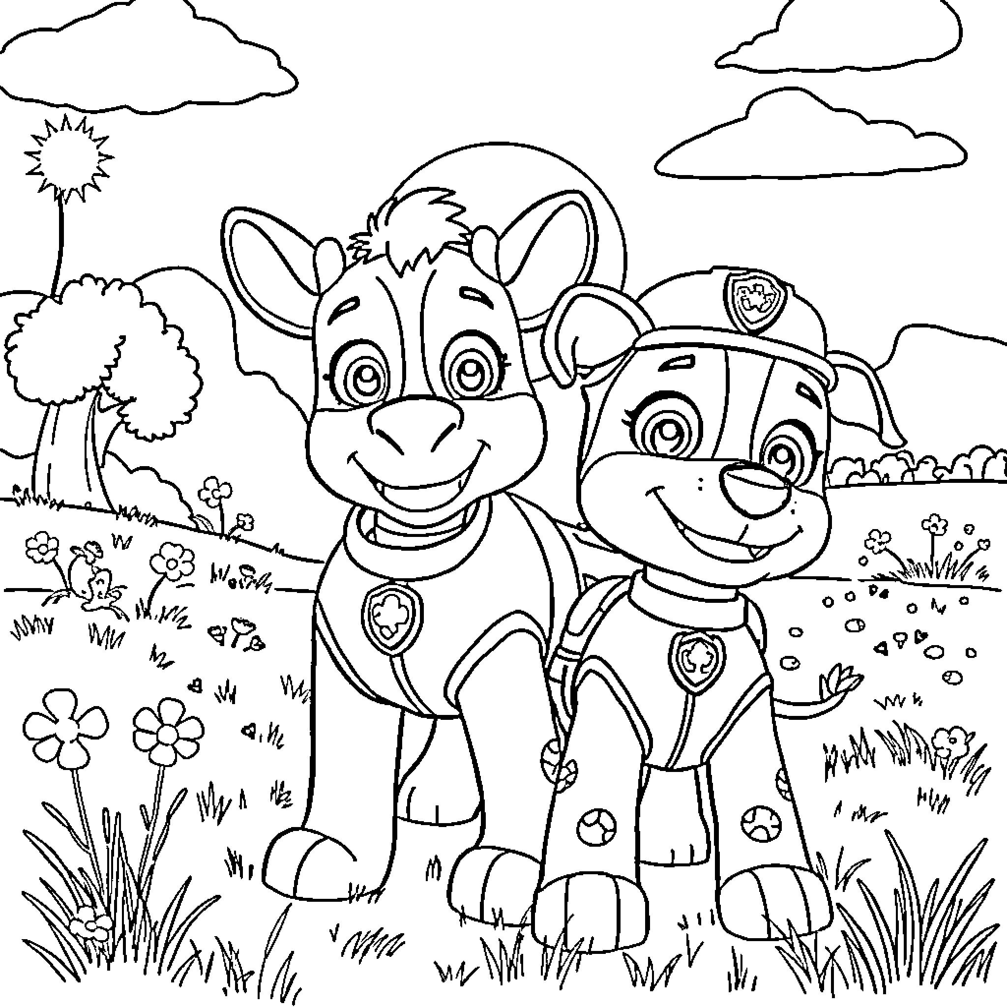 Marshall and Rubble in the Cartoon Park Coloring Page (free black-and-white line drawing printable PDF for all, from beginners to advanced learners, including children, teens, adults, and seniors)