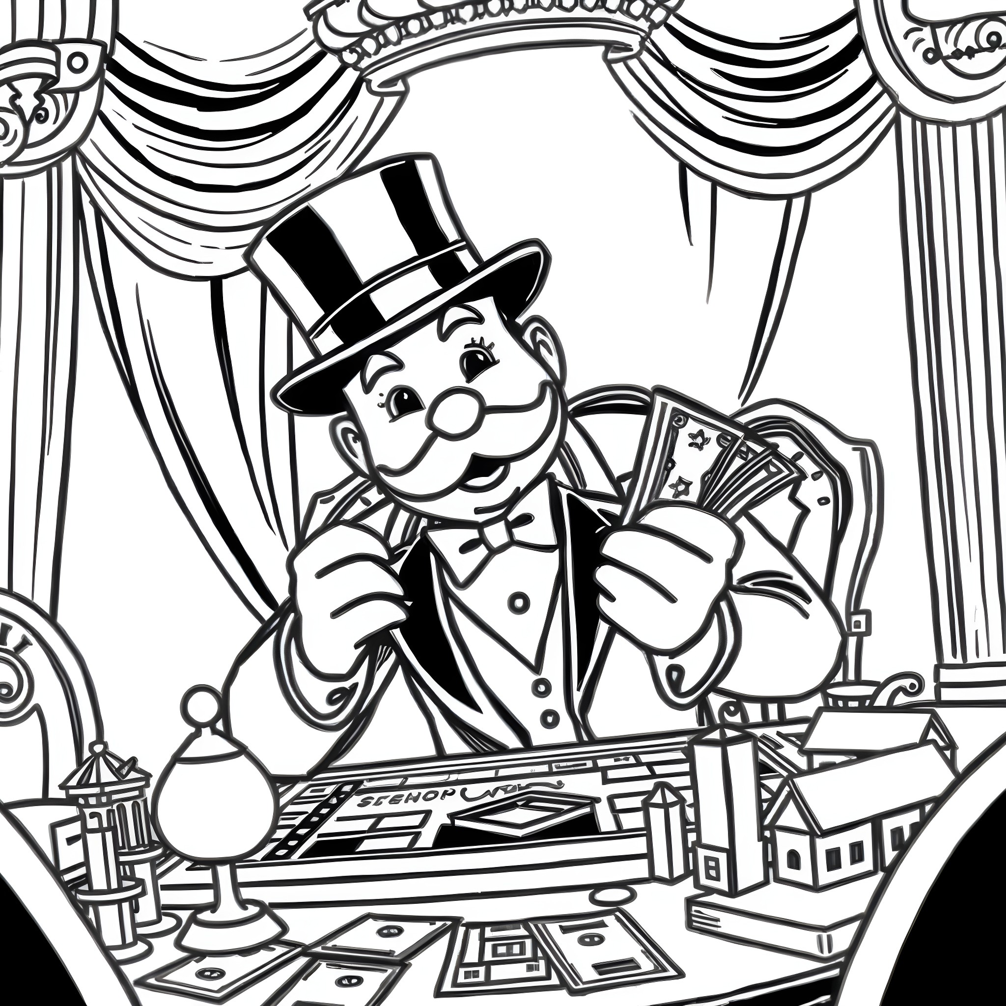 Monopoly Man Counting Money in Theatric Setting Coloring Page (free black-and-white line drawing printable PDF for all, from beginners to advanced learners, including children, teens, adults, and seniors)