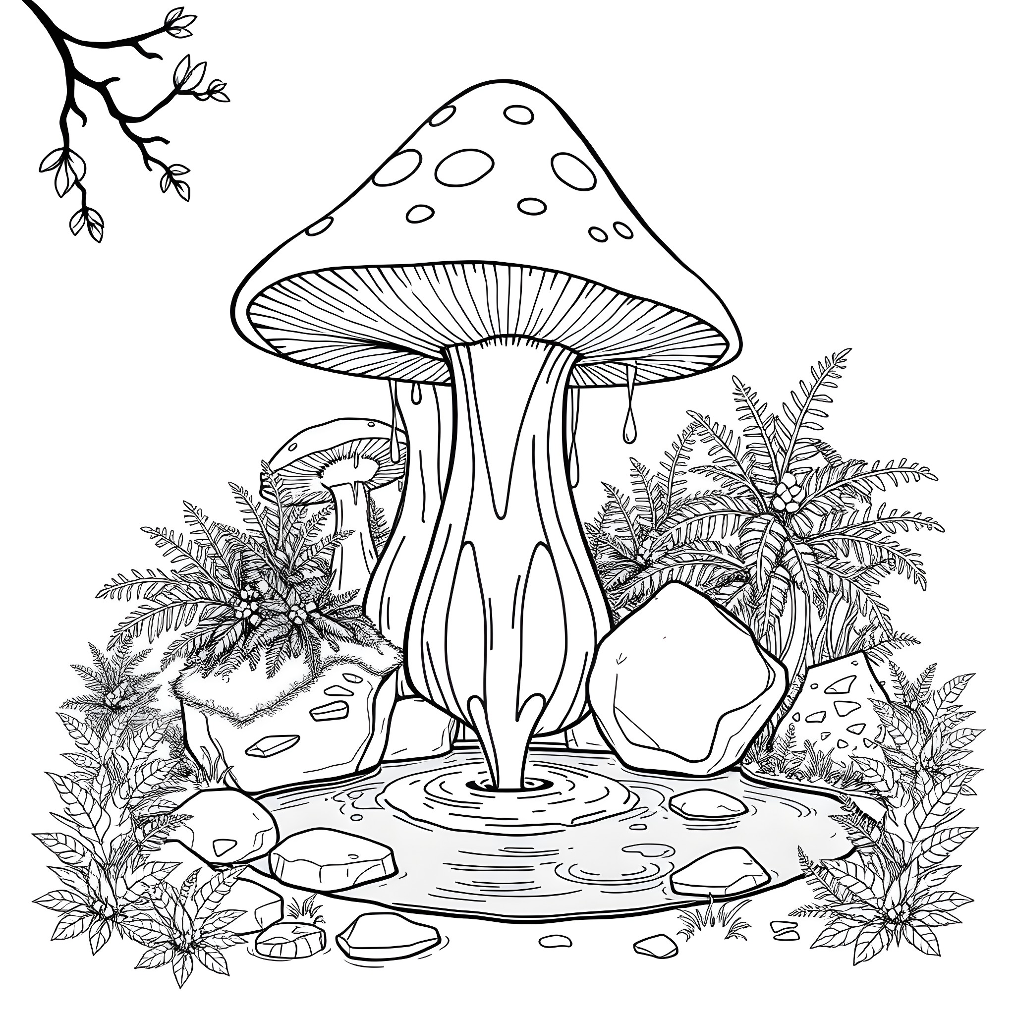 Mushroom growing in a lush forest scene Coloring Page (free black-and-white line drawing printable PDF for all, from beginners to advanced learners, including children, teens, adults, and seniors)