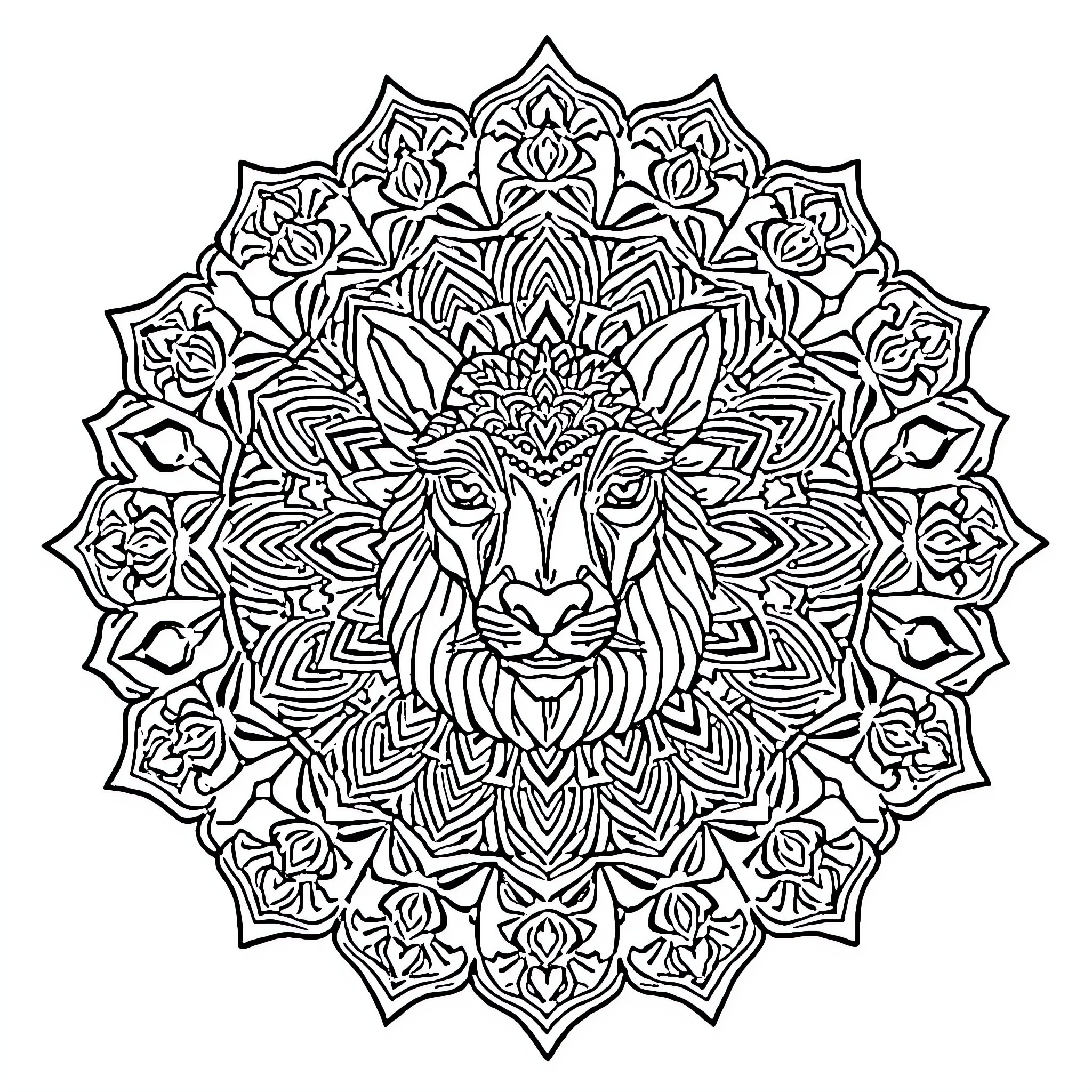 Mandala of a Majestic Lion Face Coloring Page (free black-and-white line drawing printable PDF for all, from beginners to advanced learners, including children, teens, adults, and seniors)