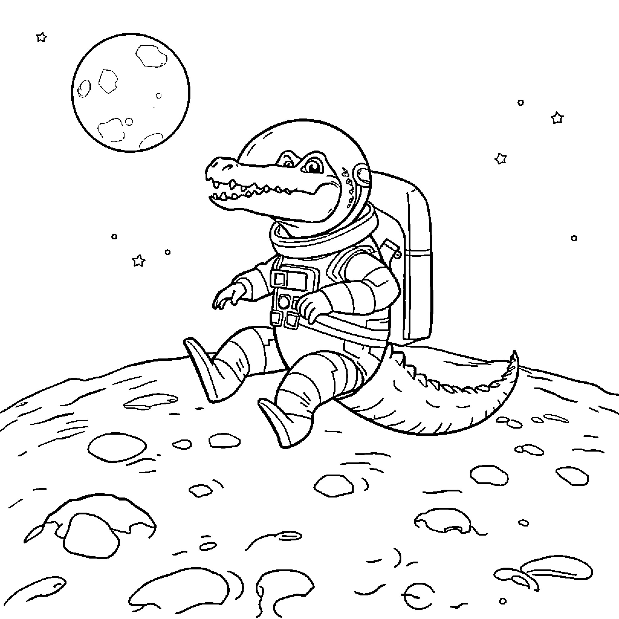 Crocodile astronaut exploring the lunar landscape Coloring Page (free black-and-white line drawing printable PDF for all, from beginners to advanced learners, including children, teens, adults, and seniors)