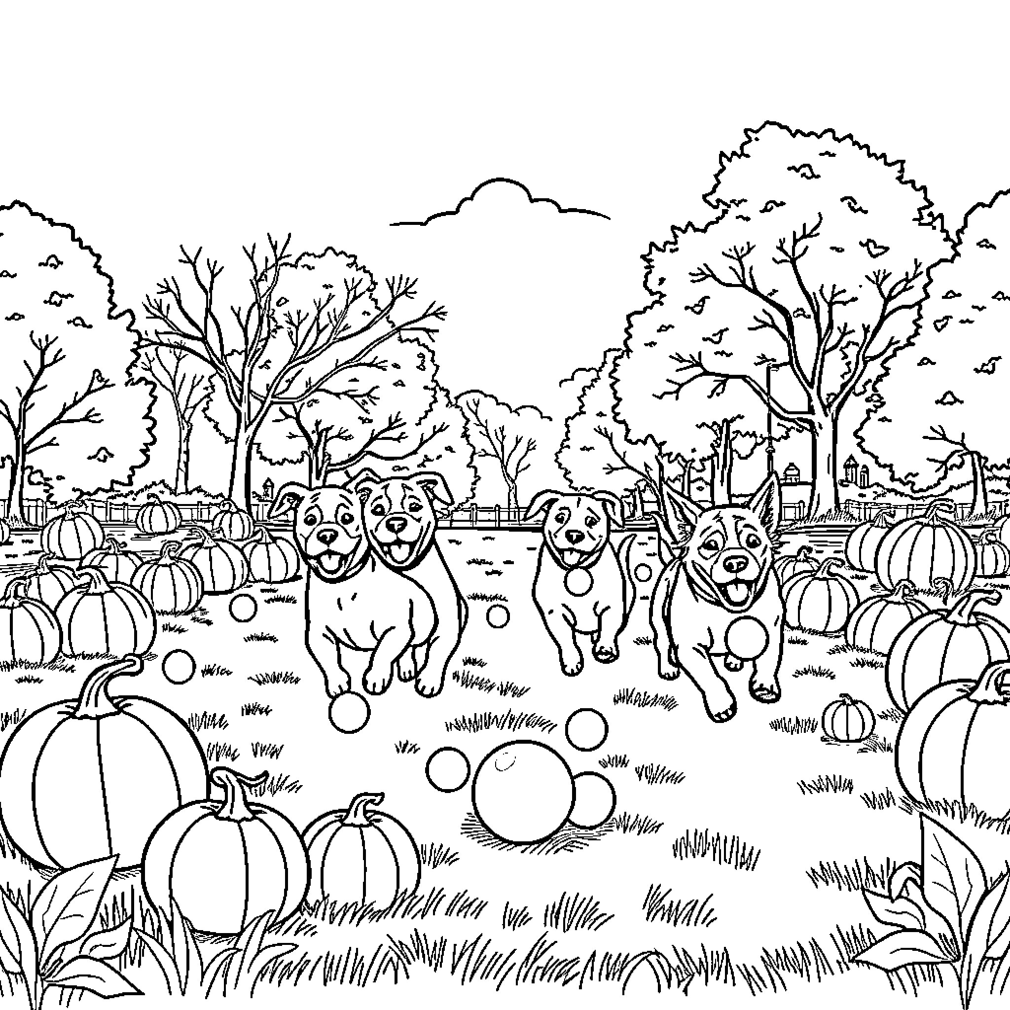 Dogs playing joyfully in a pumpkin patch Coloring Page (free black-and-white line drawing printable PDF for all, from beginners to advanced learners, including children, teens, adults, and seniors)