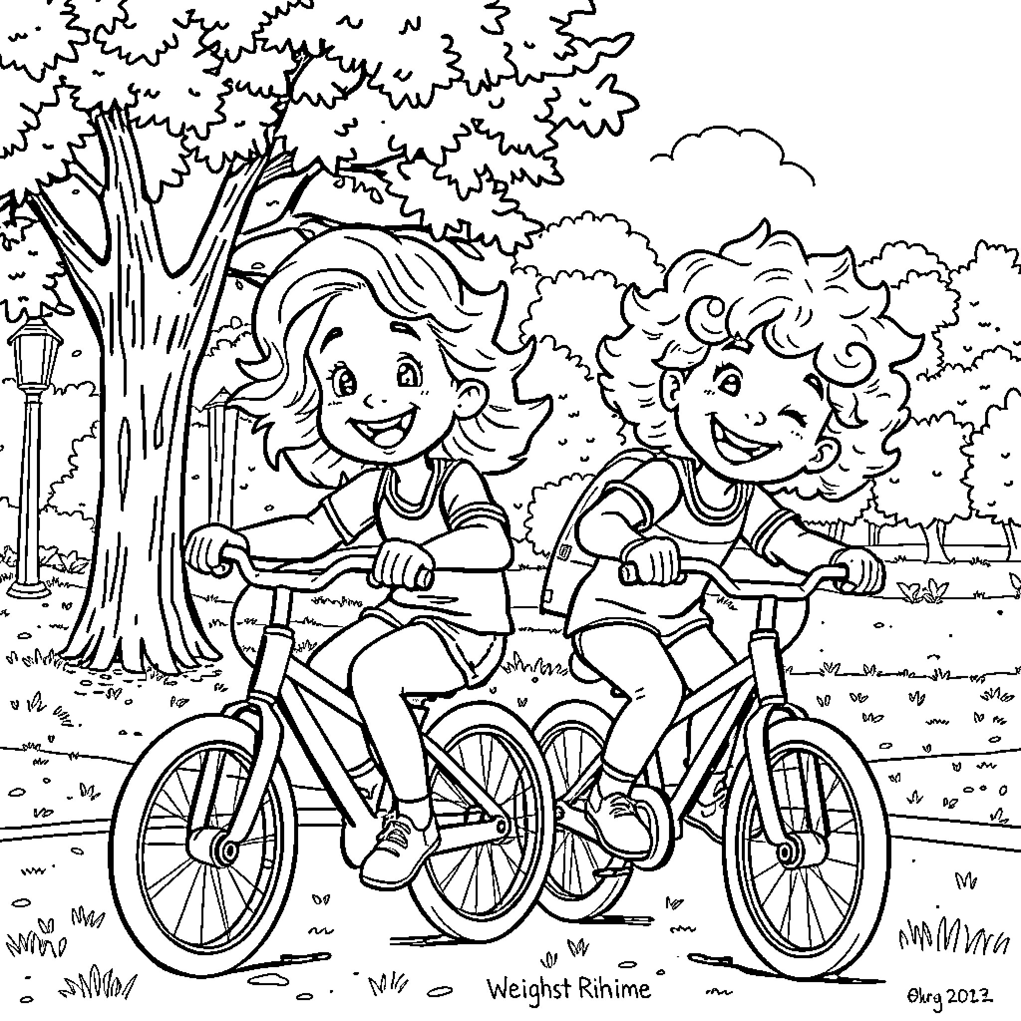 Twin siblings riding bicycles in the park Coloring Page (free black-and-white line drawing printable PDF for all, from beginners to advanced learners, including children, teens, adults, and seniors)