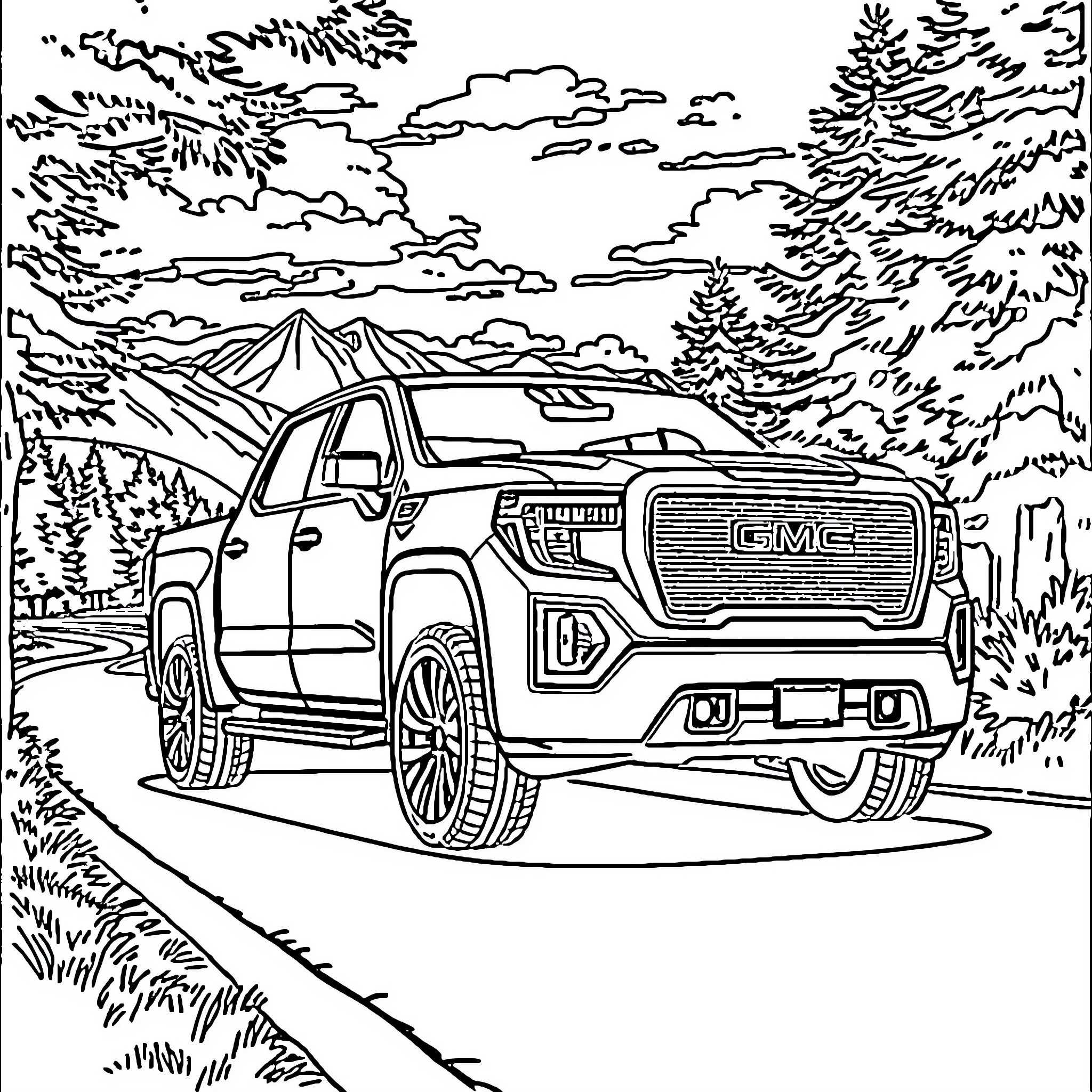 GMC Sierra truck exploring the great outdoors Coloring Page (free black-and-white line drawing printable PDF for all, from beginners to advanced learners, including children, teens, adults, and seniors)