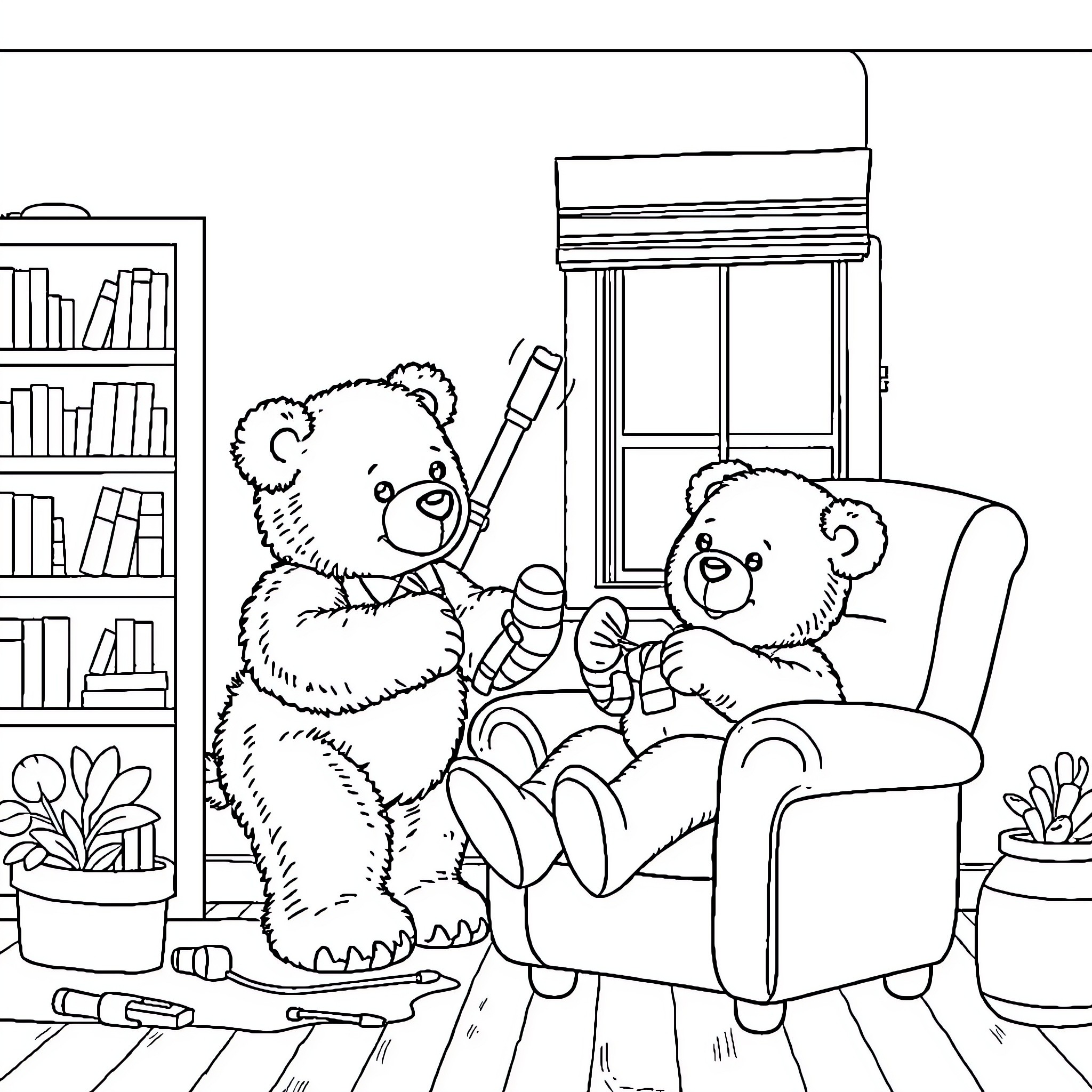 Teddy Bears Relaxing at Home Coloring Page (free black-and-white line drawing printable PDF for all, from beginners to advanced learners, including children, teens, adults, and seniors)