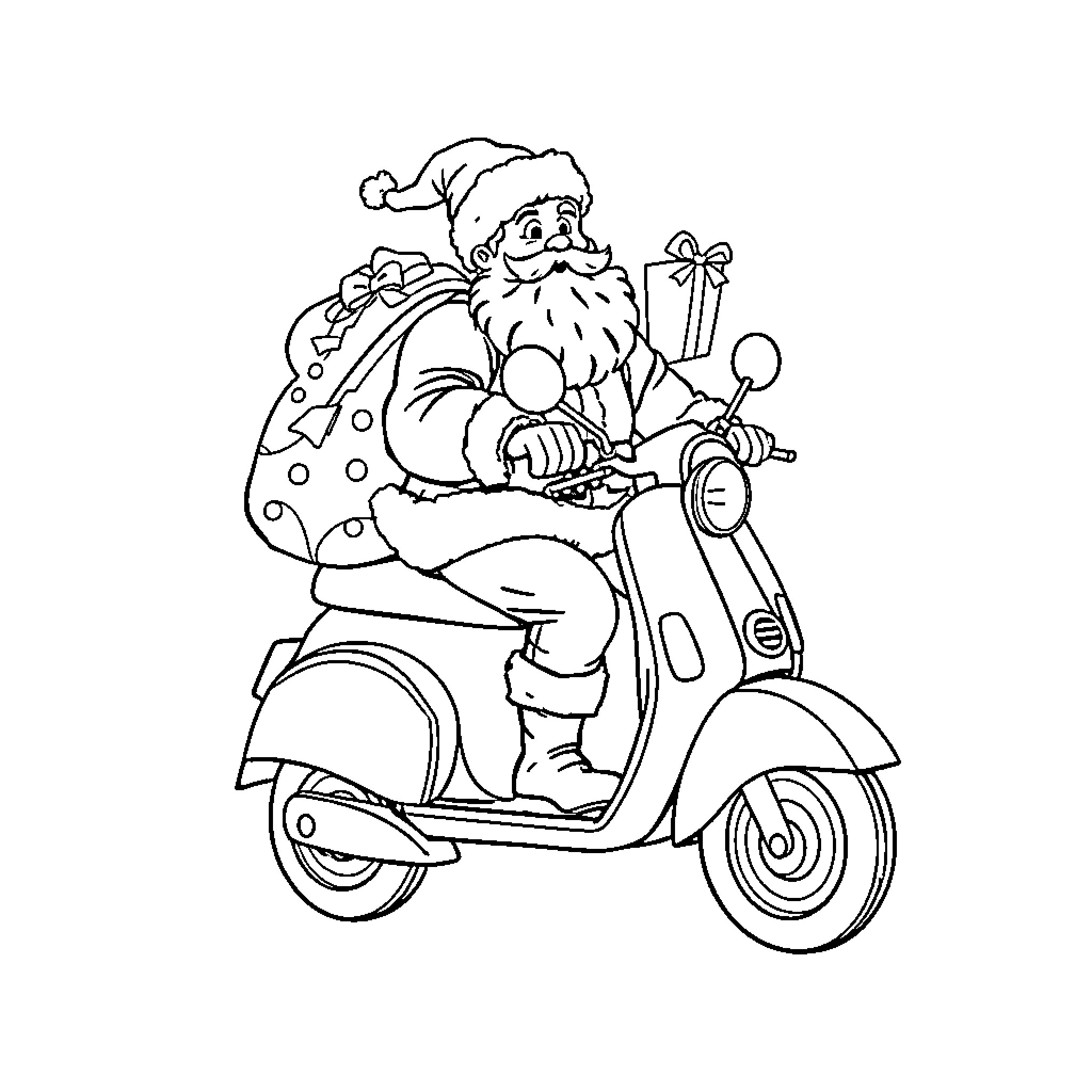 Father Christmas delivering gifts on a scooter Coloring Page (free black-and-white line drawing printable PDF for all, from beginners to advanced learners, including children, teens, adults, and seniors)