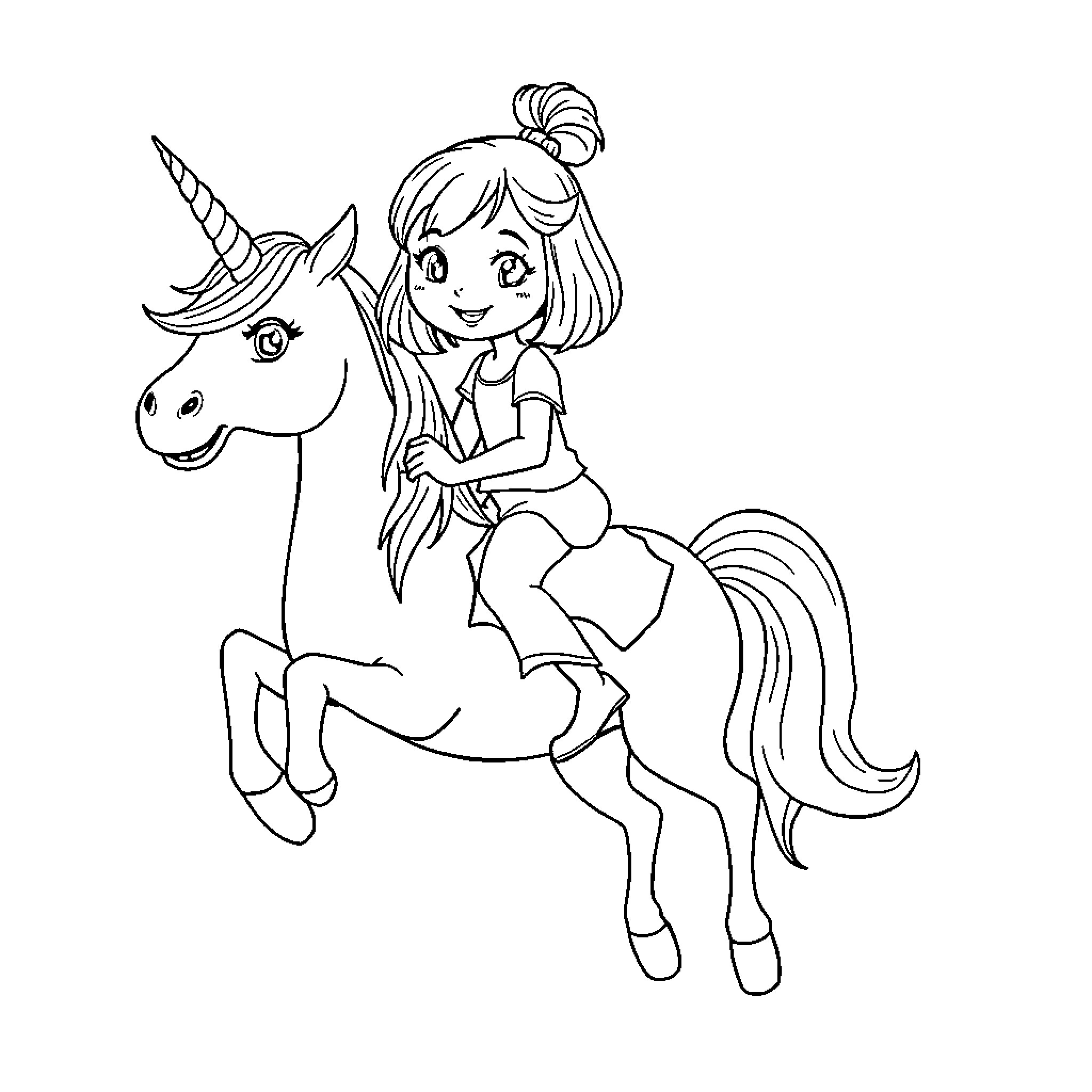 Girl Riding Joyful Unicorn Coloring Page (free black-and-white line drawing printable PDF for all, from beginners to advanced learners, including children, teens, adults, and seniors)