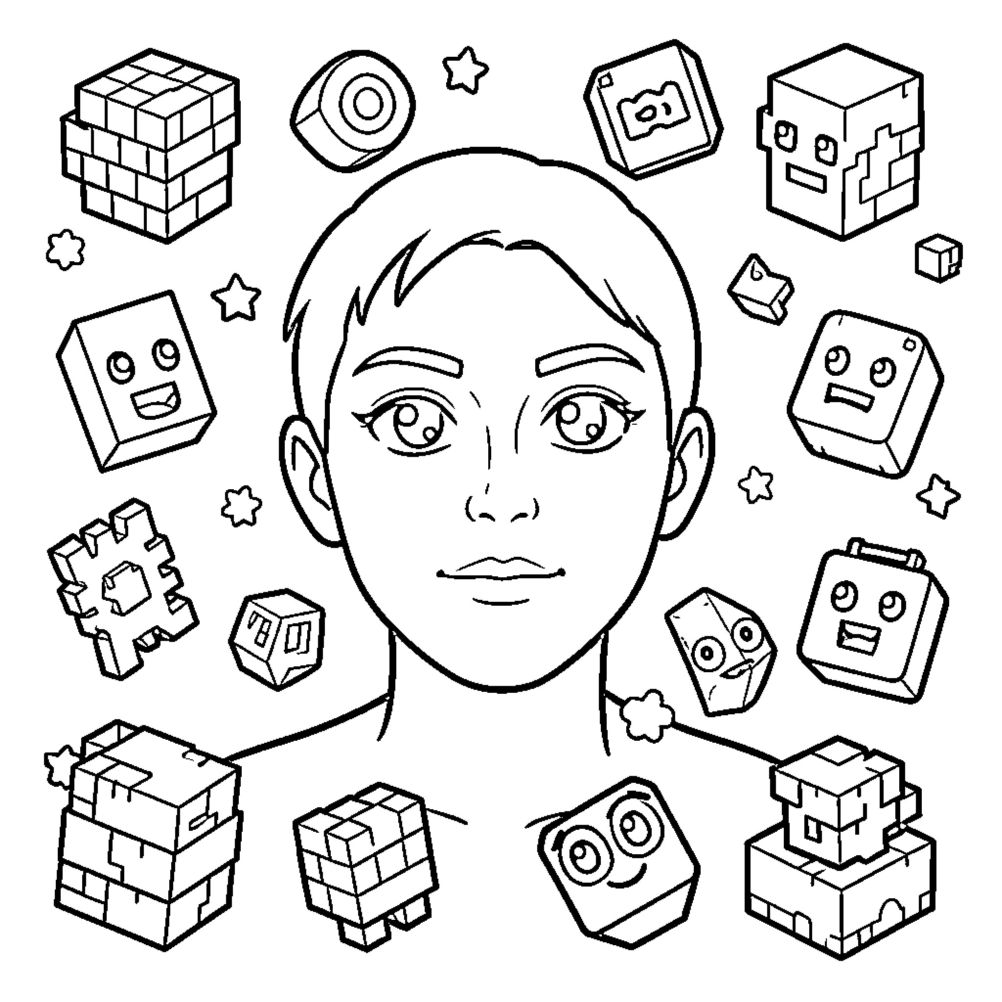 Geometry Dash Icon with Various Geometric Shapes Coloring Page (free black-and-white line drawing printable PDF for all, from beginners to advanced learners, including children, teens, adults, and seniors)