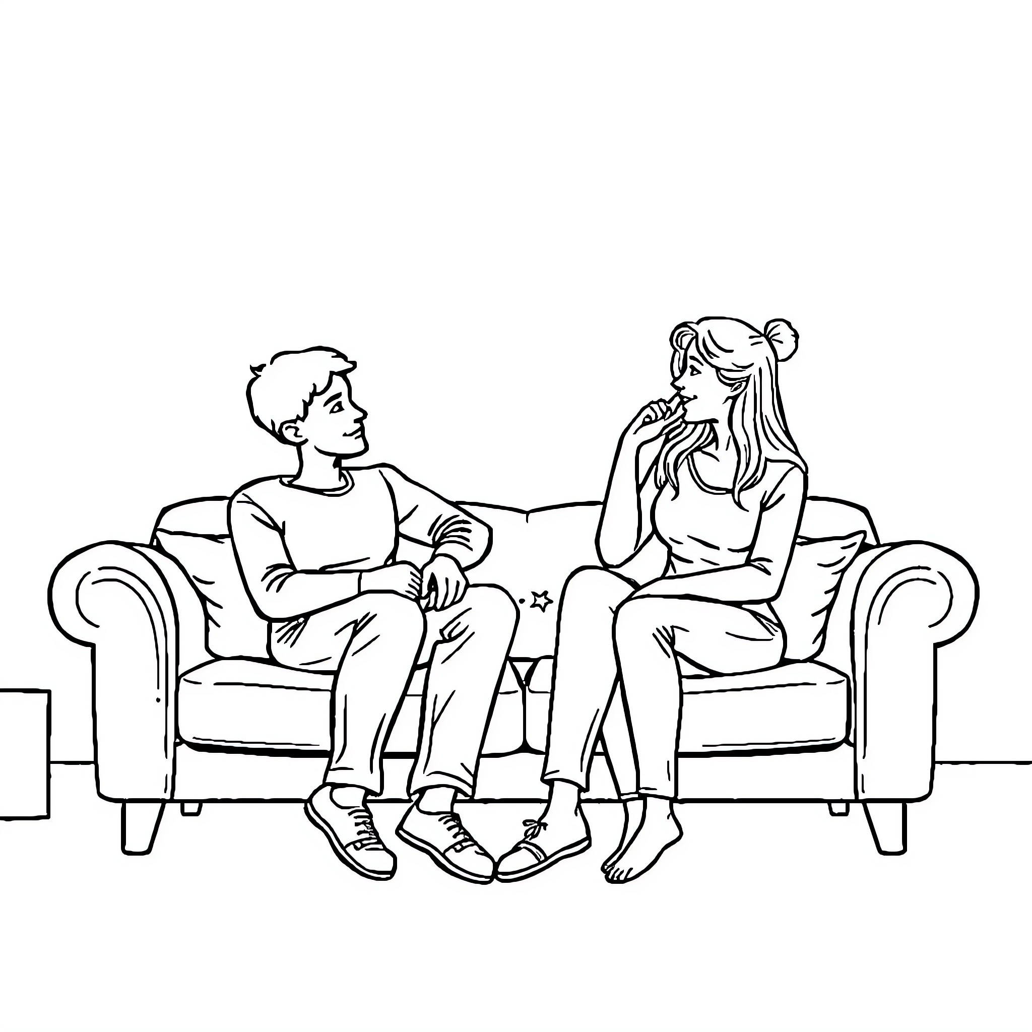 Cat couple relaxing on couch Coloring Page (free black-and-white line drawing printable PDF for all, from beginners to advanced learners, including children, teens, adults, and seniors)