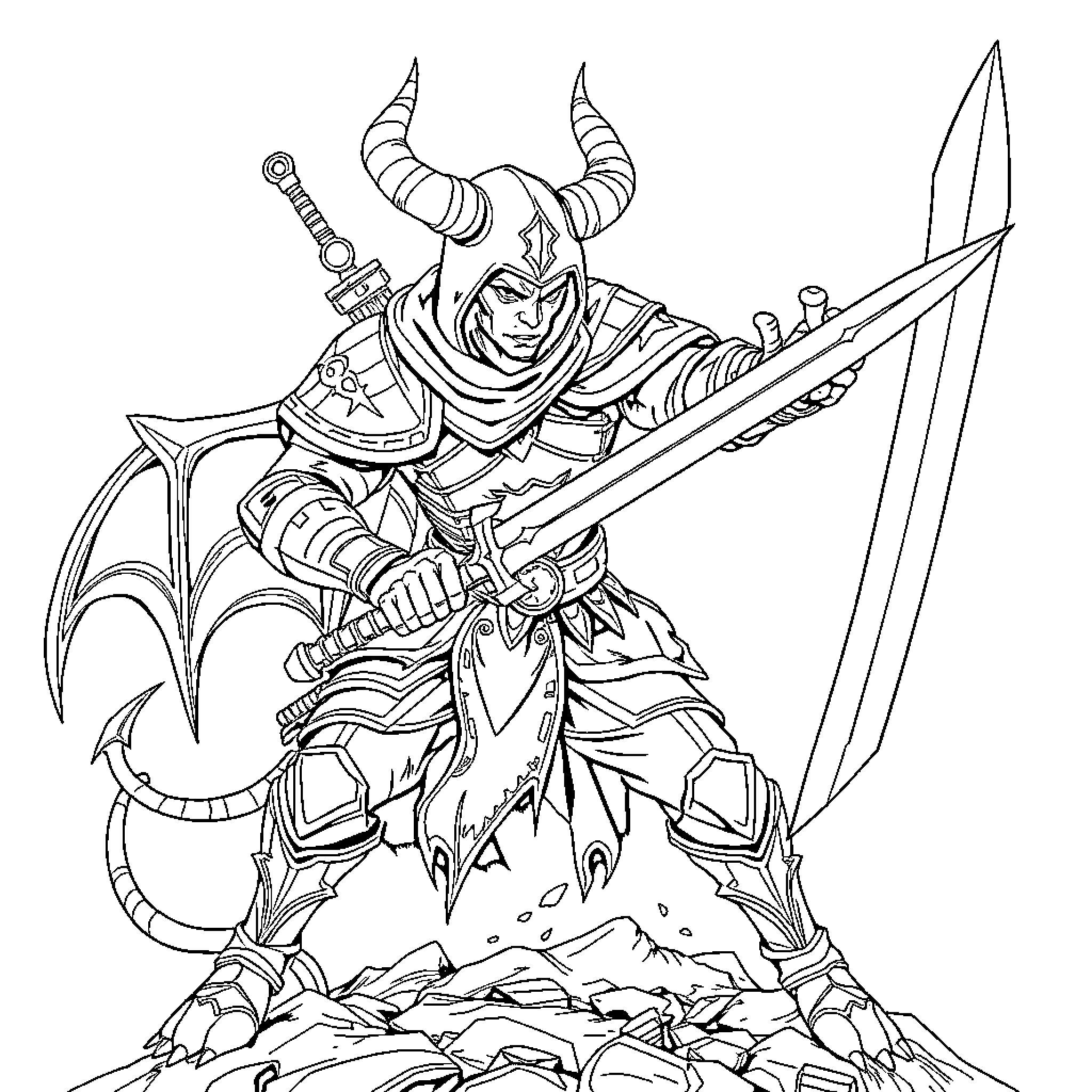 Demon Hunter with Fearsome Armor and Weapons Coloring Page (free black-and-white line drawing printable PDF for all, from beginners to advanced learners, including children, teens, adults, and seniors)