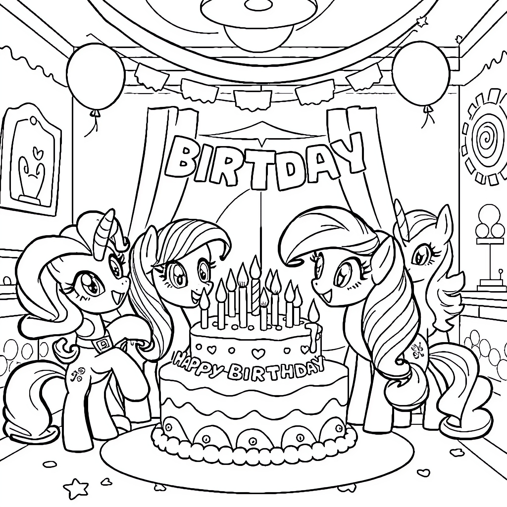 Pony friends celebrate a birthday party Coloring Page (free black-and-white line drawing printable PDF for all, from beginners to advanced learners, including children, teens, adults, and seniors)