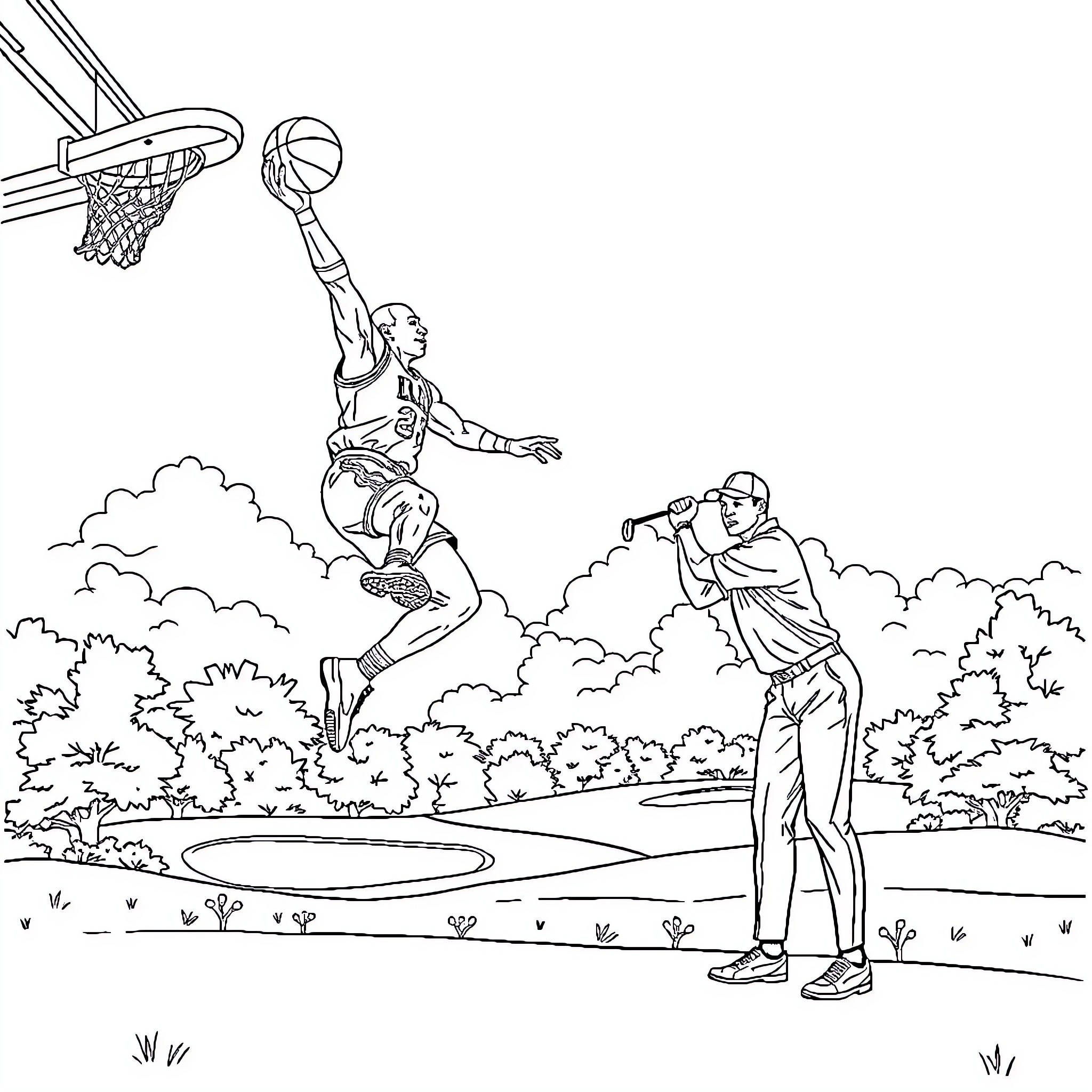 Michael Jordan's Legendary Slam Dunk in the Countryside Coloring Page (free black-and-white line drawing printable PDF for all, from beginners to advanced learners, including children, teens, adults, and seniors)