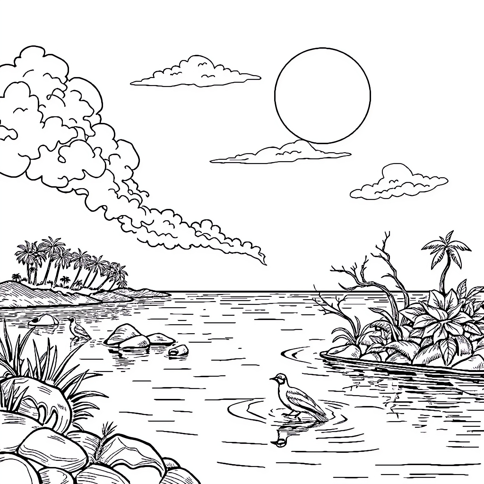 Bear in tranquil tropical beach scene Coloring Page (free black-and-white line drawing printable PDF for all, from beginners to advanced learners, including children, teens, adults, and seniors)