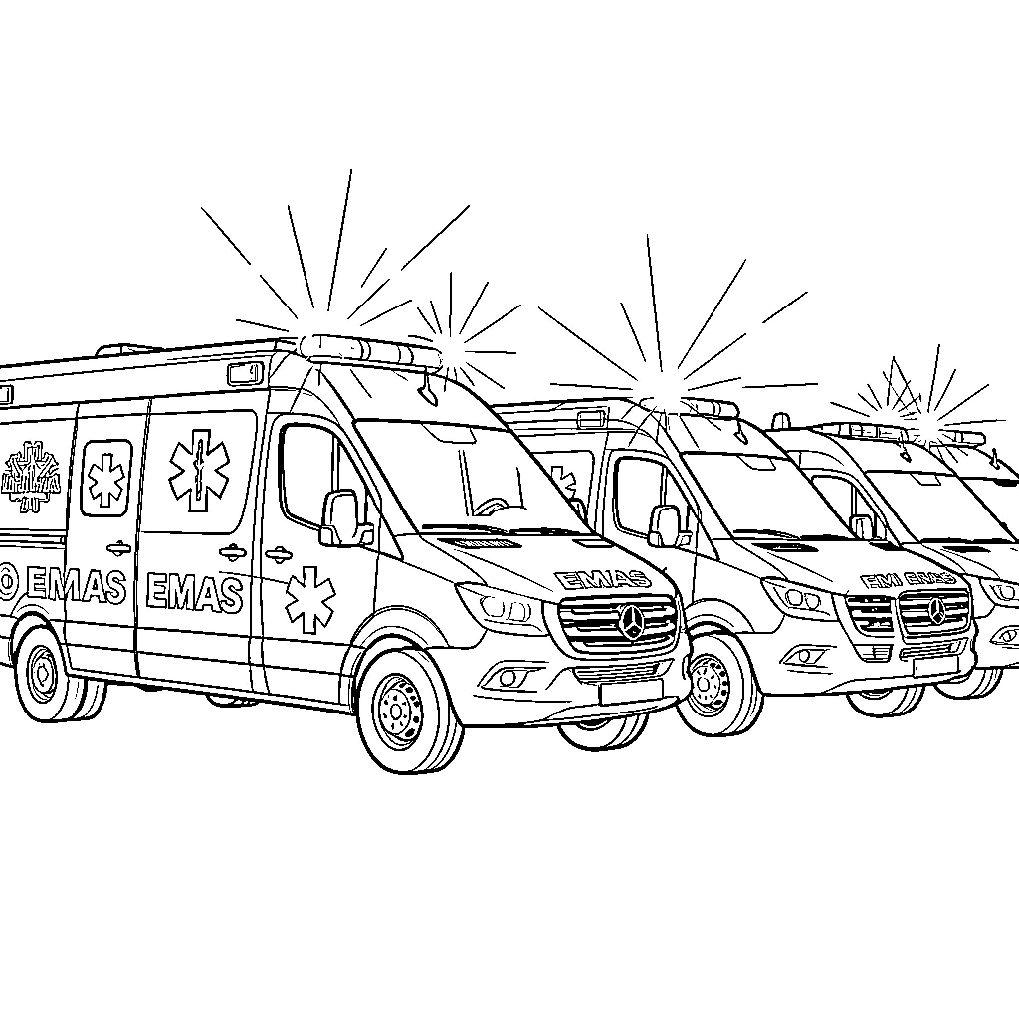 Ambulance vehicles driving with flashing emergency lights Coloring Page (free black-and-white line drawing printable PDF for all, from beginners to advanced learners, including children, teens, adults, and seniors)