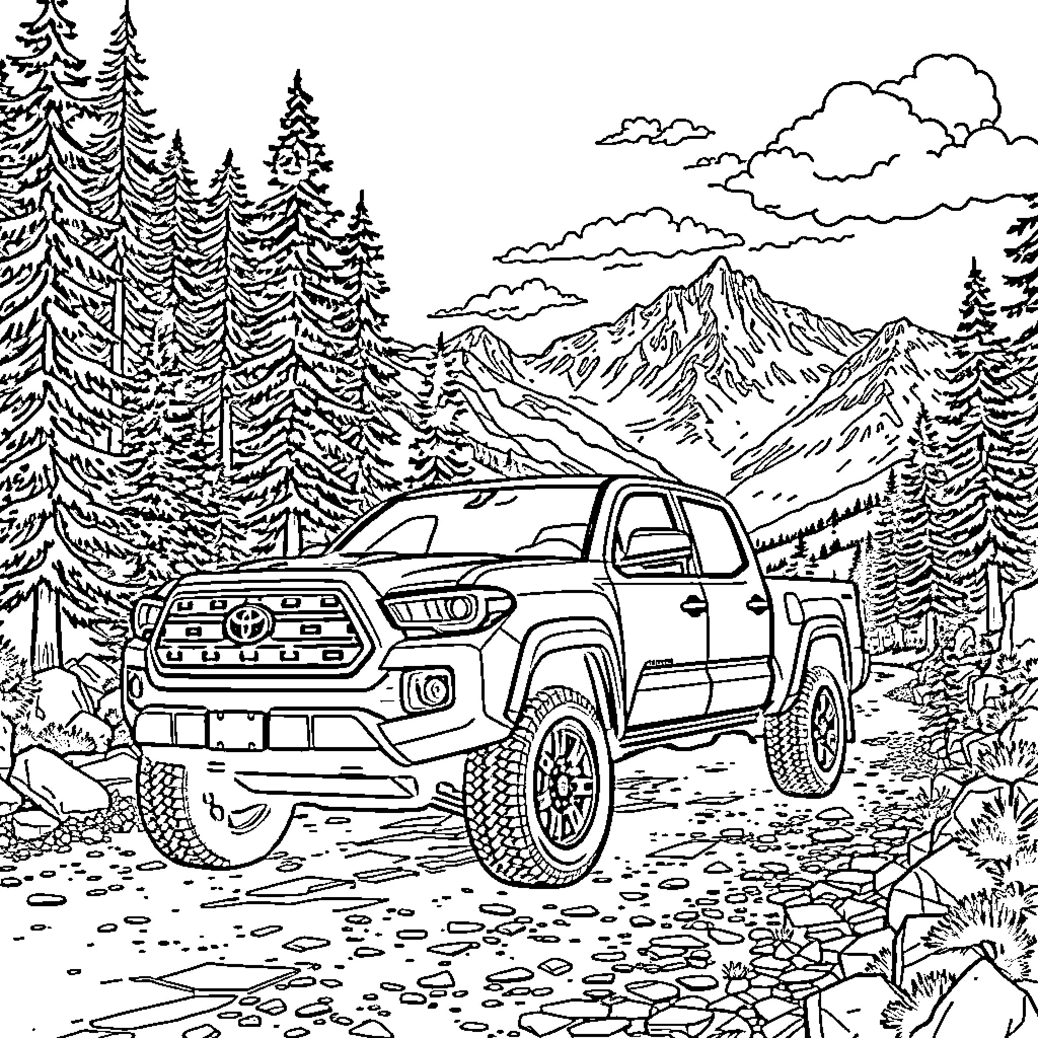 Toyota Tacoma off-road adventure in the mountains Coloring Page (free black-and-white line drawing printable PDF for all, from beginners to advanced learners, including children, teens, adults, and seniors)