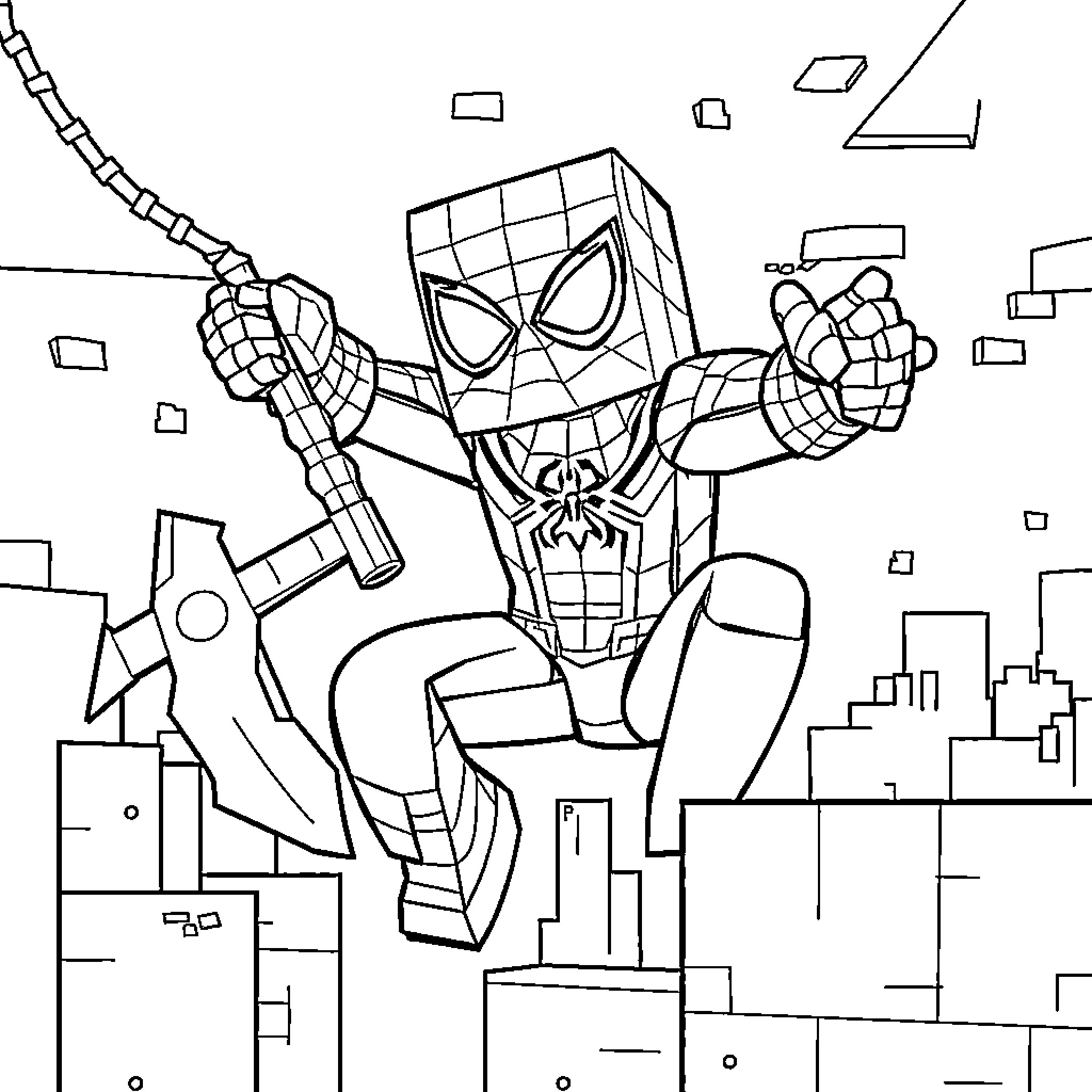 Spiderman swinging heroically through the city Coloring Page (free black-and-white line drawing printable PDF for all, from beginners to advanced learners, including children, teens, adults, and seniors)