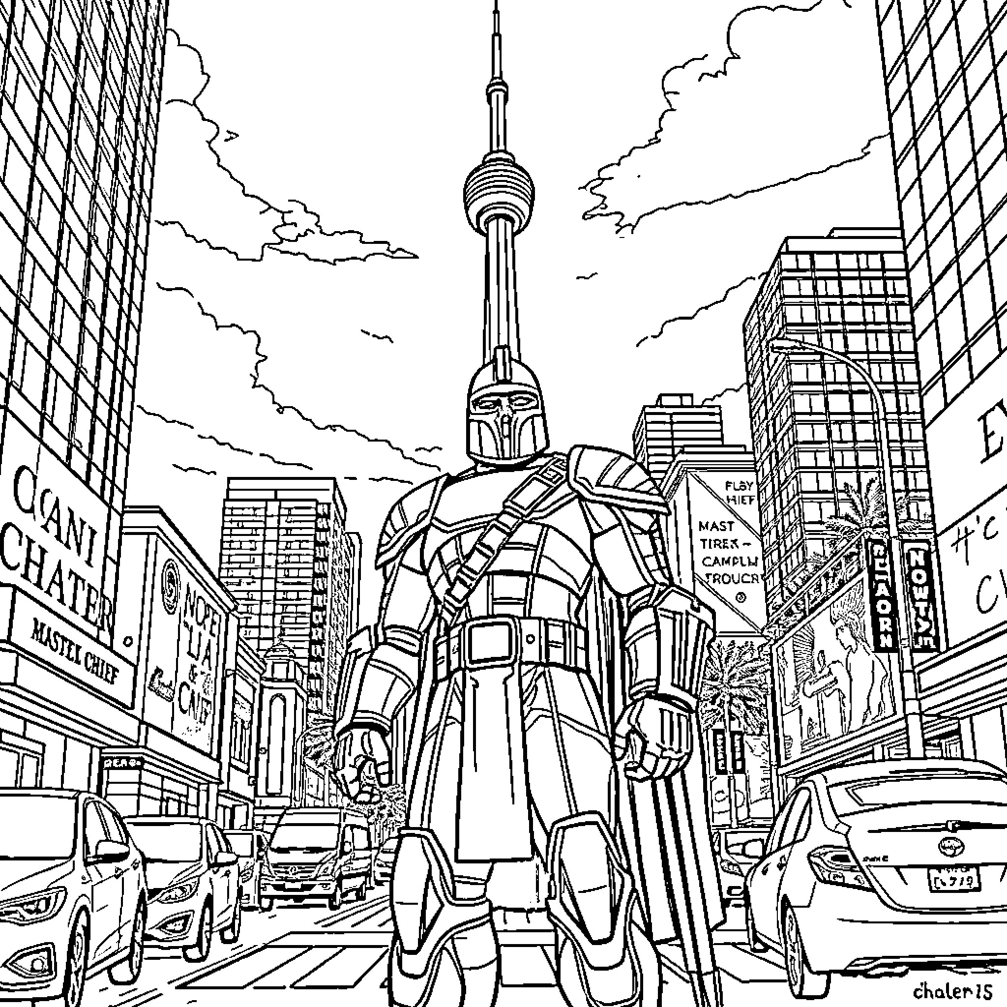 Master Chief Stands Tall Amid the Bustling City Coloring Page (free black-and-white line drawing printable PDF for all, from beginners to advanced learners, including children, teens, adults, and seniors)