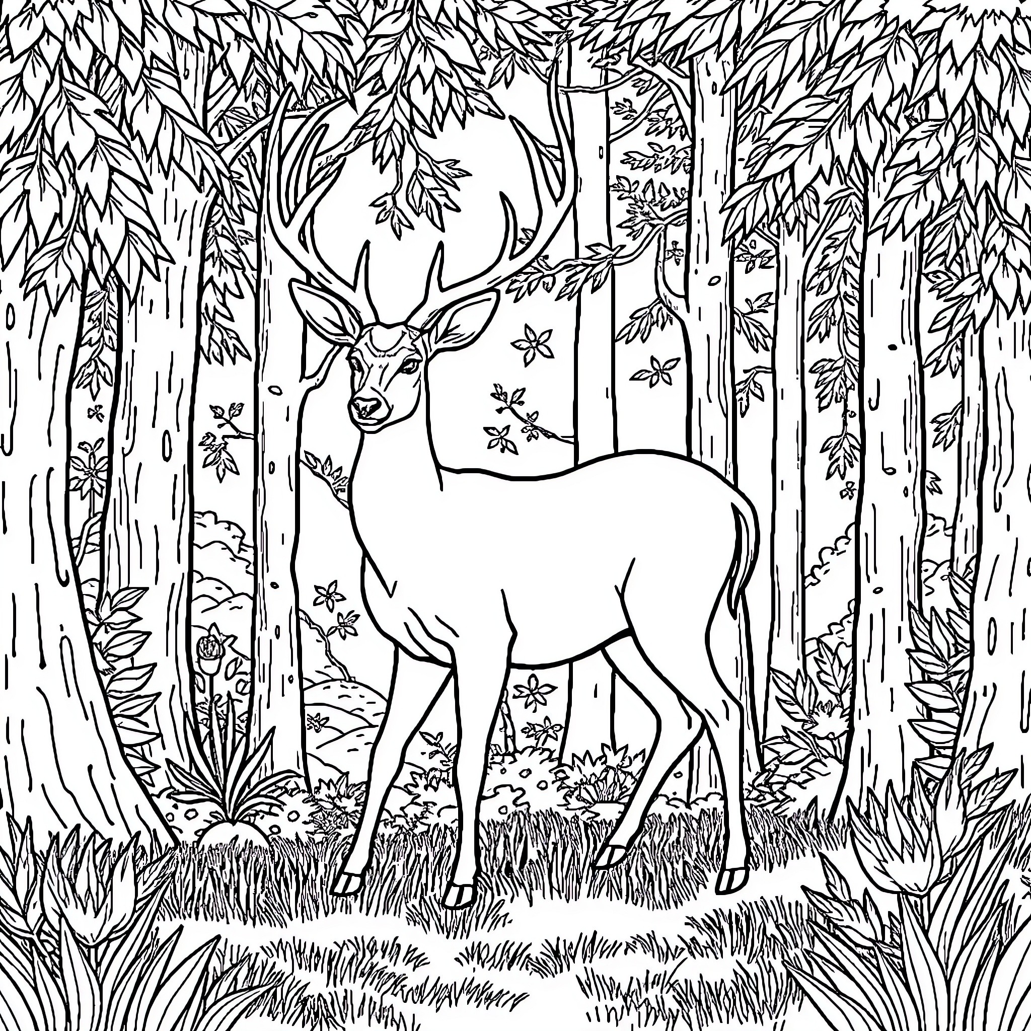 Deer standing in a lush forest Coloring Page (free black-and-white line drawing printable PDF for all, from beginners to advanced learners, including children, teens, adults, and seniors)