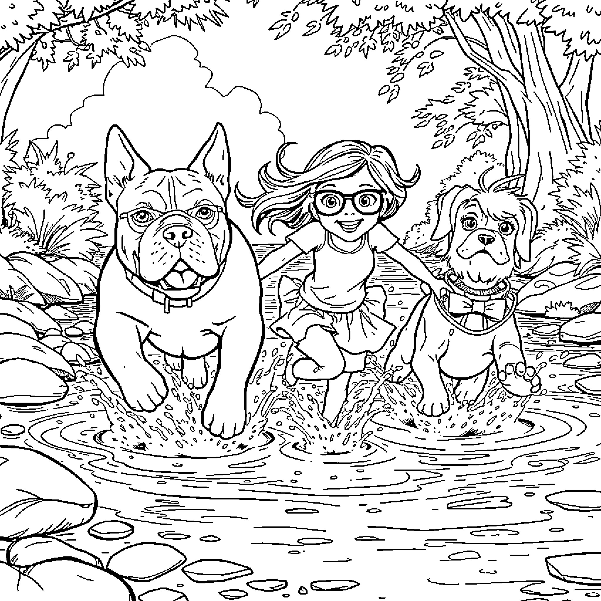 Dog Companions Enjoying Outdoor Adventure Coloring Page (free black-and-white line drawing printable PDF for all, from beginners to advanced learners, including children, teens, adults, and seniors)