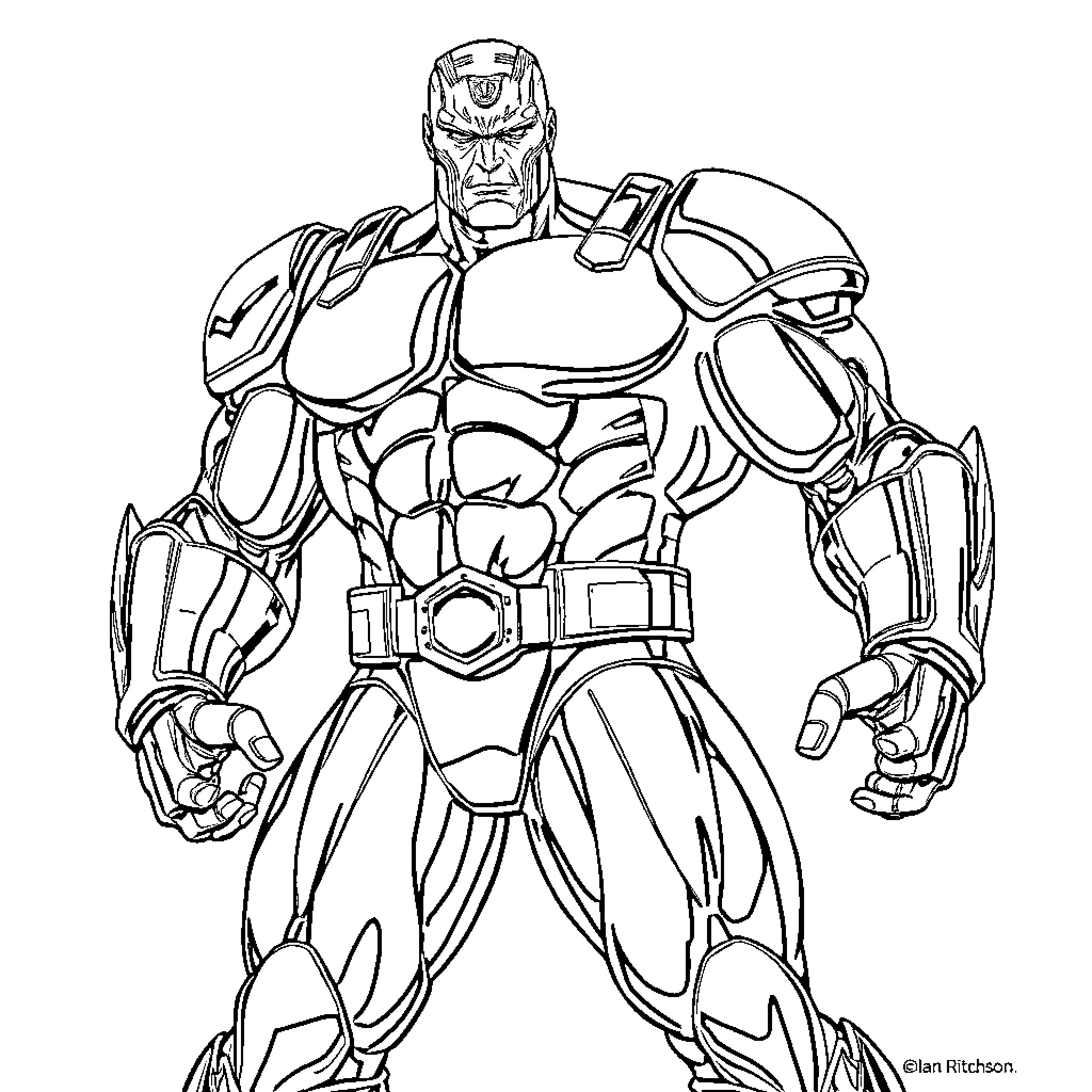 Colossus in battle-ready pose Coloring Page (free black-and-white line drawing printable PDF for all, from beginners to advanced learners, including children, teens, adults, and seniors)
