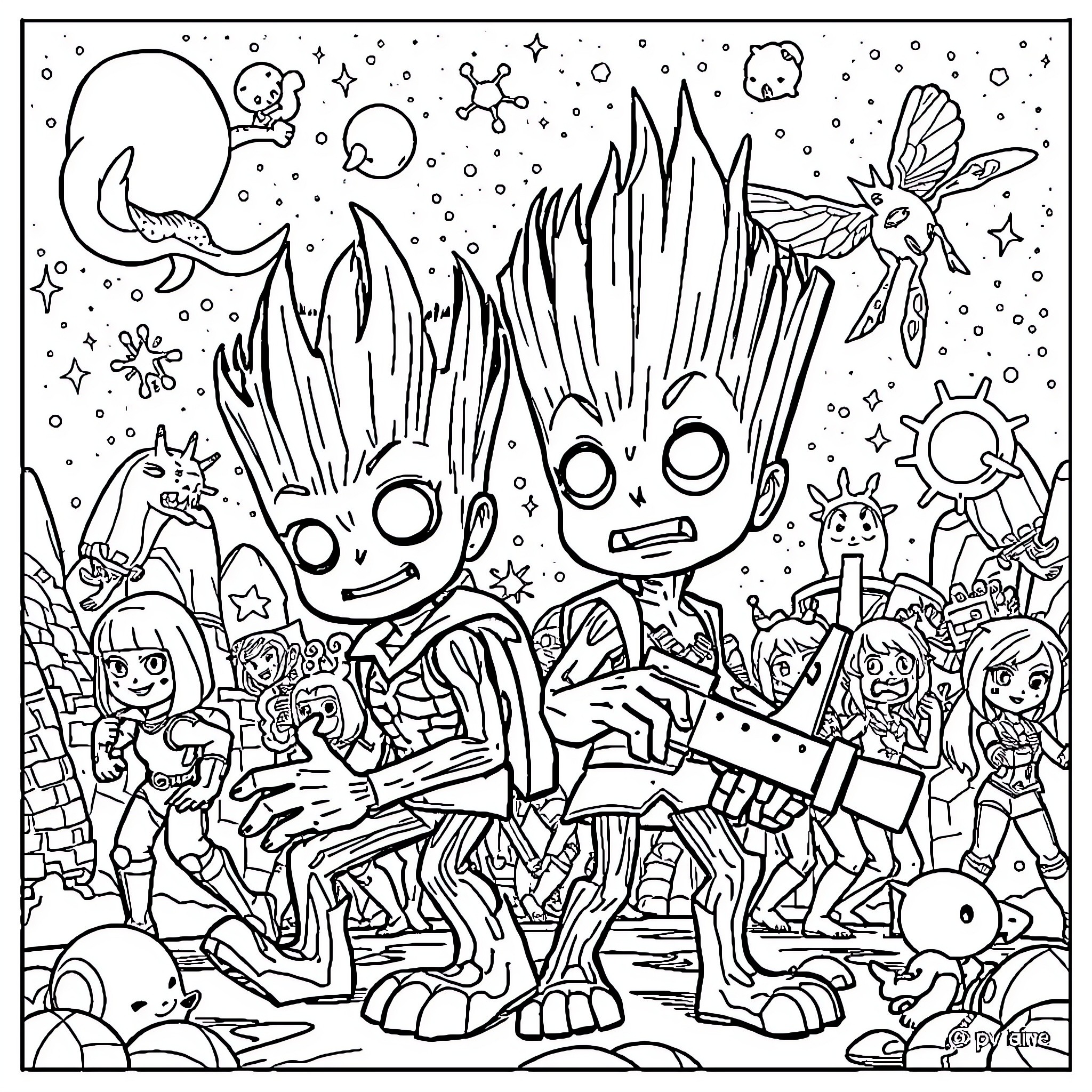Groots and their Whimsical Escapades Coloring Page (free black-and-white line drawing printable PDF for all, from beginners to advanced learners, including children, teens, adults, and seniors)