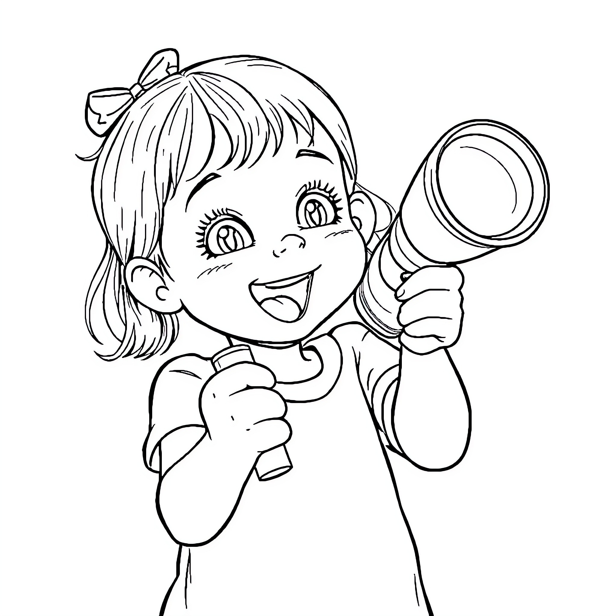Girl happily playing with magnifying glass Coloring Page (free black-and-white line drawing printable PDF for all, from beginners to advanced learners, including children, teens, adults, and seniors)