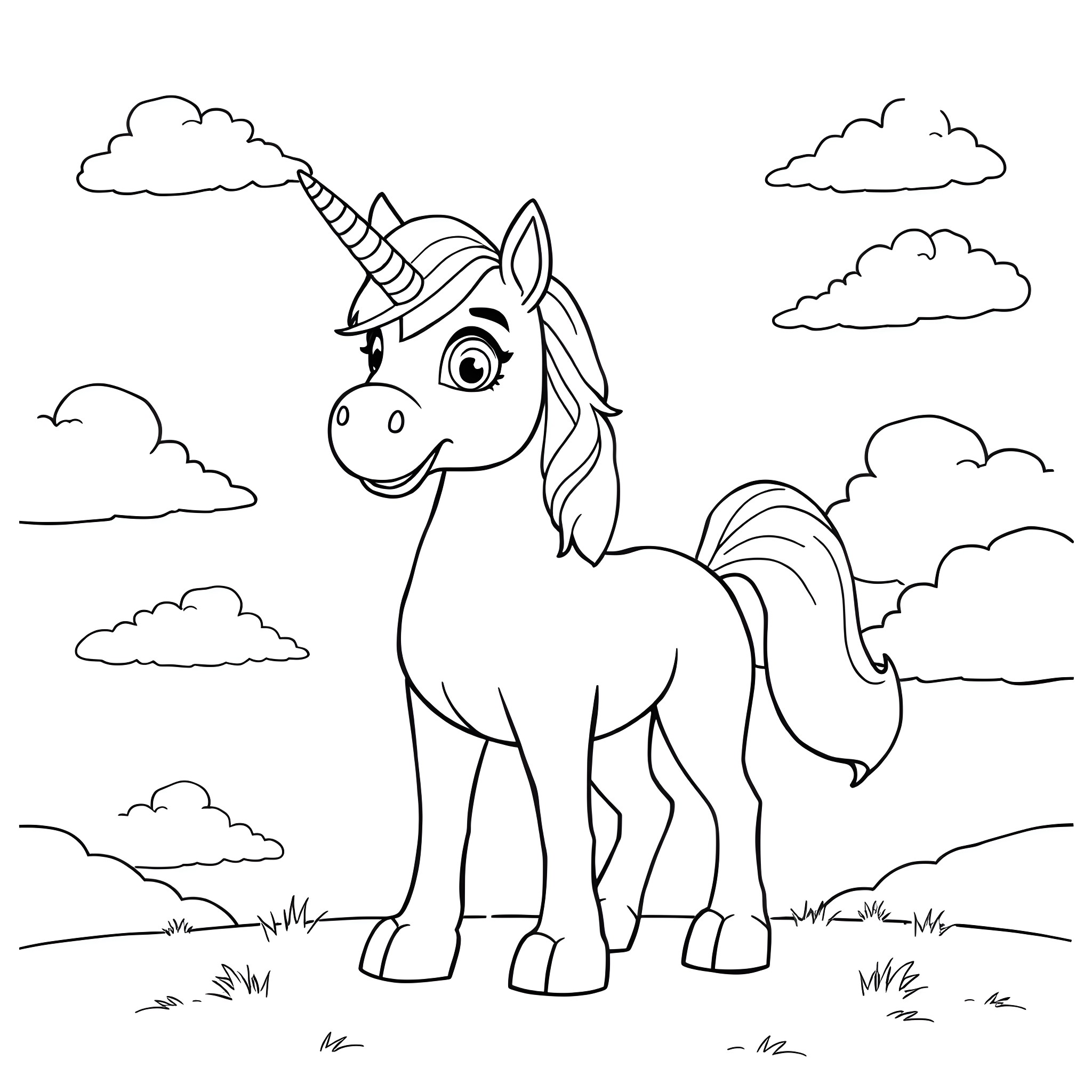 Unicorn enjoying the cloudy sky Coloring Page (free black-and-white line drawing printable PDF for all, from beginners to advanced learners, including children, teens, adults, and seniors)