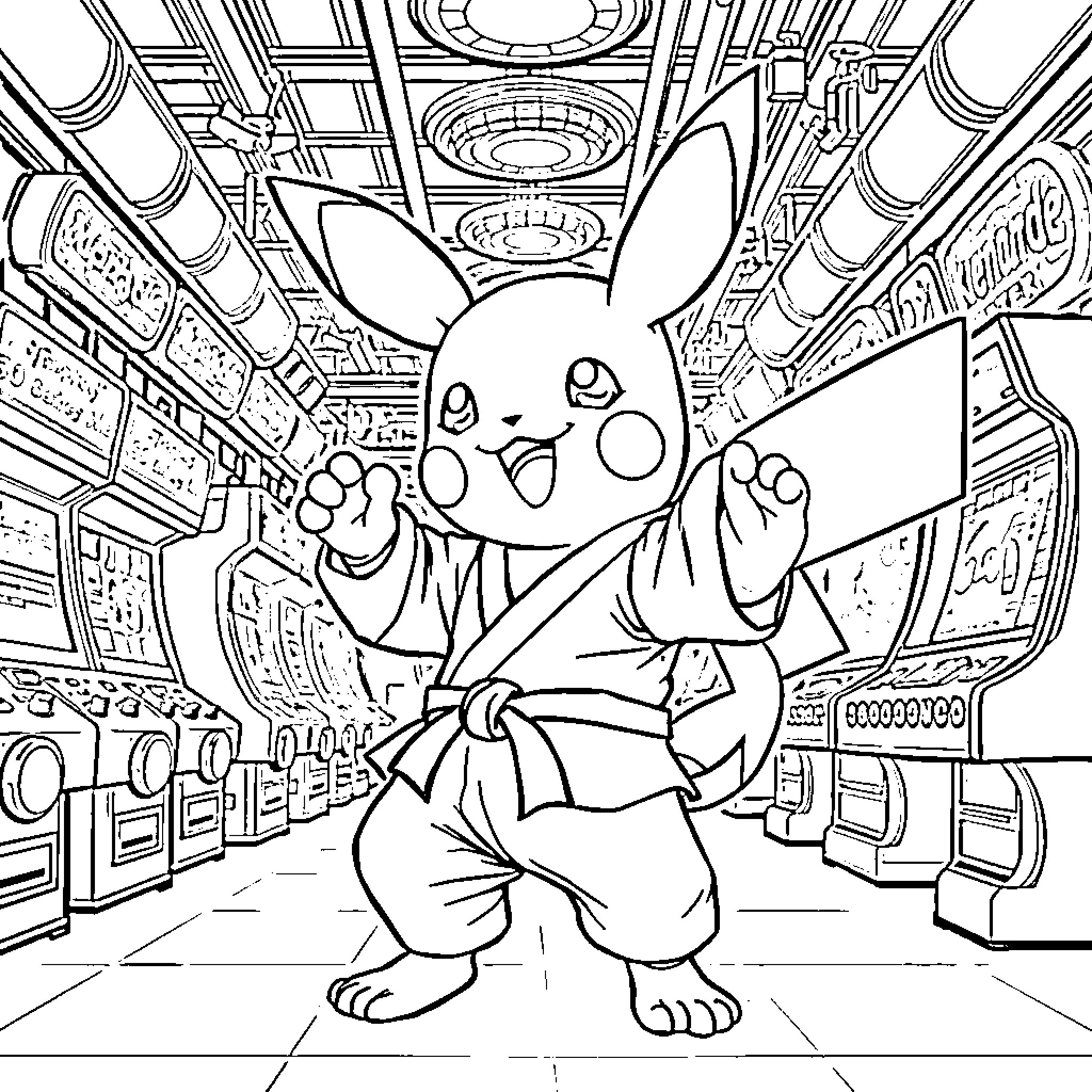 Pokémon Protagonist in Futuristic Arcade Coloring Page (free black-and-white line drawing printable PDF for all, from beginners to advanced learners, including children, teens, adults, and seniors)