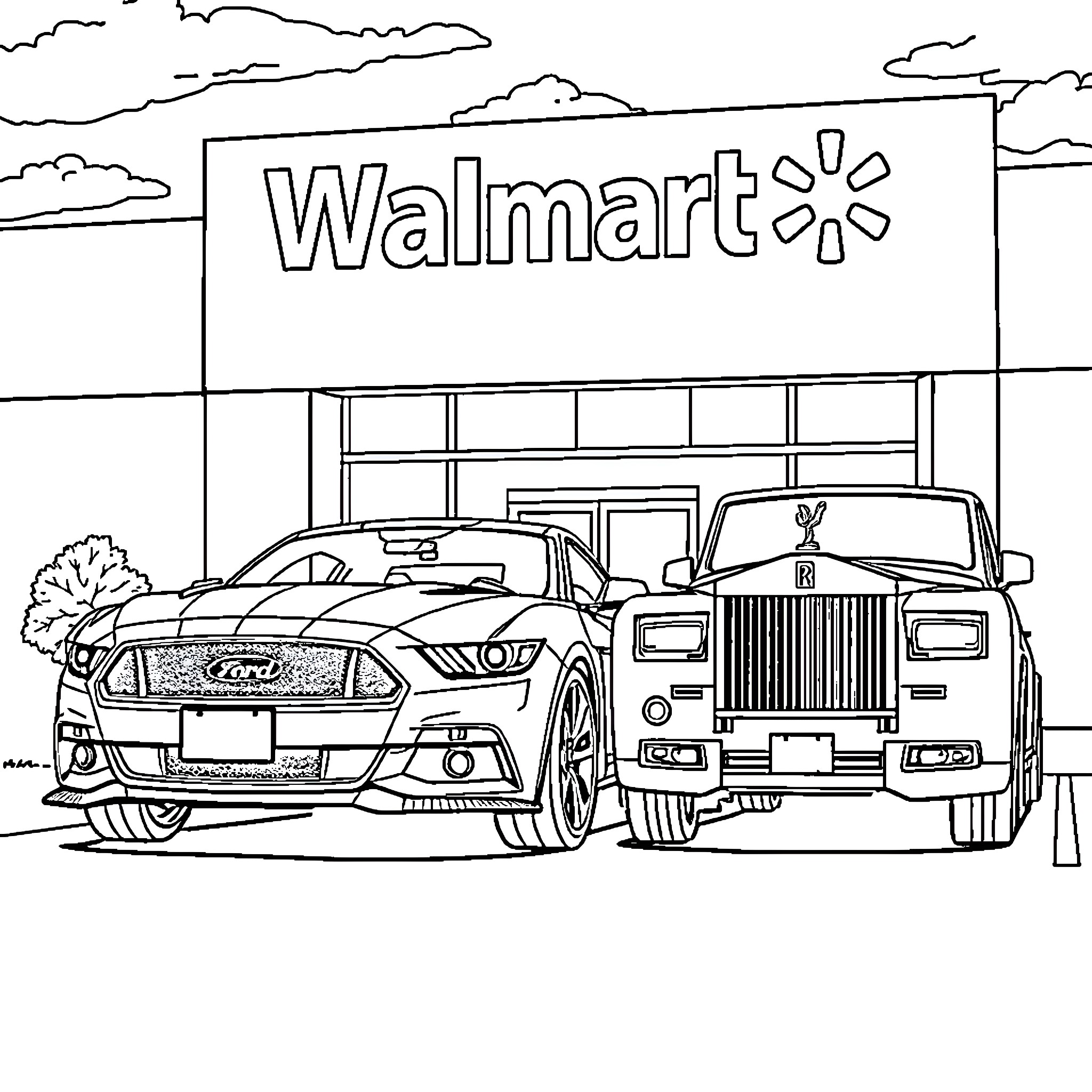 Car shopping at Walmart Coloring Page (free black-and-white line drawing printable PDF for all, from beginners to advanced learners, including children, teens, adults, and seniors)